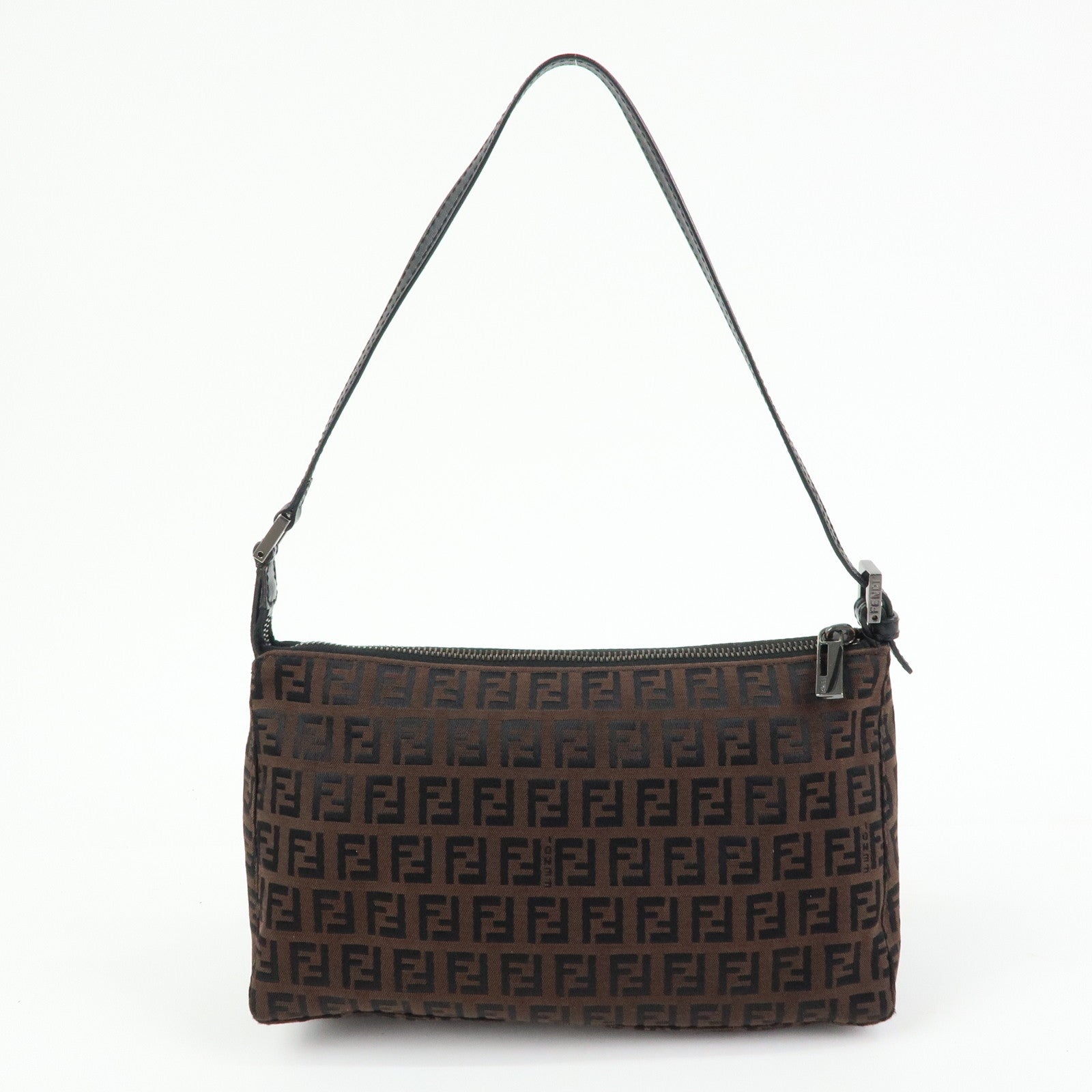 FENDI Zucchino Canvas Leather Shoulder Bag Brown Black 8BR267