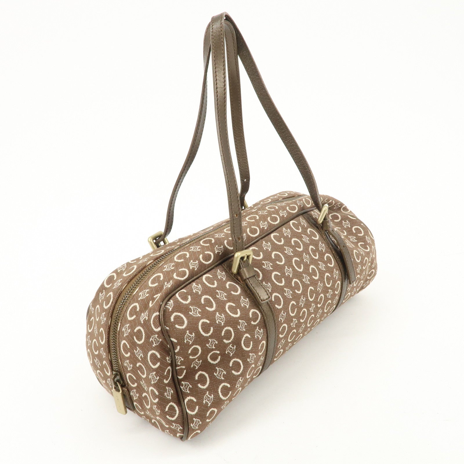 CELINE C Macadam Canvas Leather Boston Bag Hand Bag Brown White Used