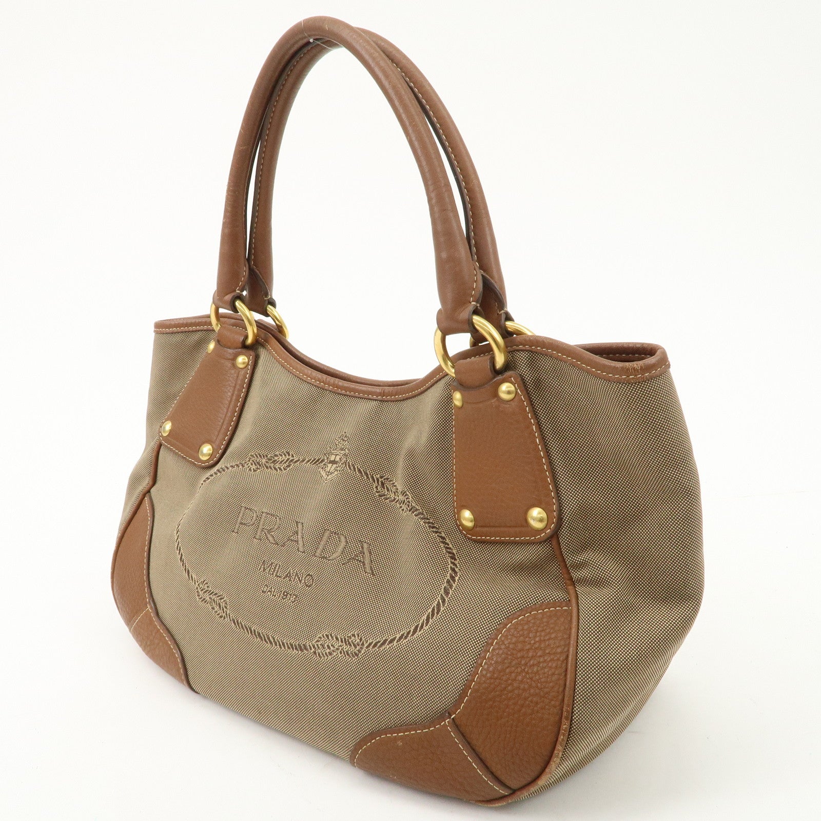 PRADA Logo Jacquard Leather Tote Bag Hand Bag Brown BR4635 Used