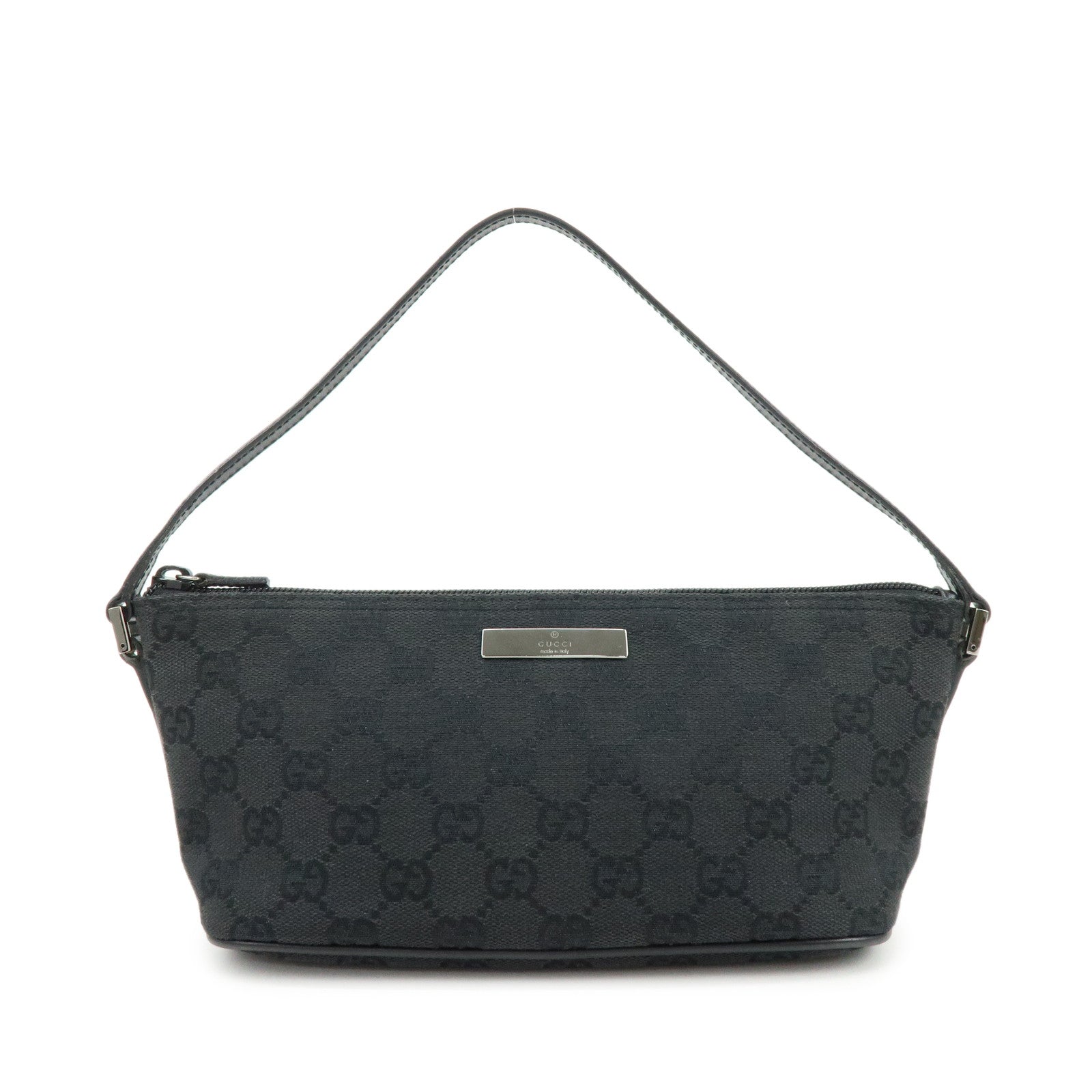 GUCCI Boat Bag GG Canvas Leather Accessory Pouch Hand Bag Black 07198