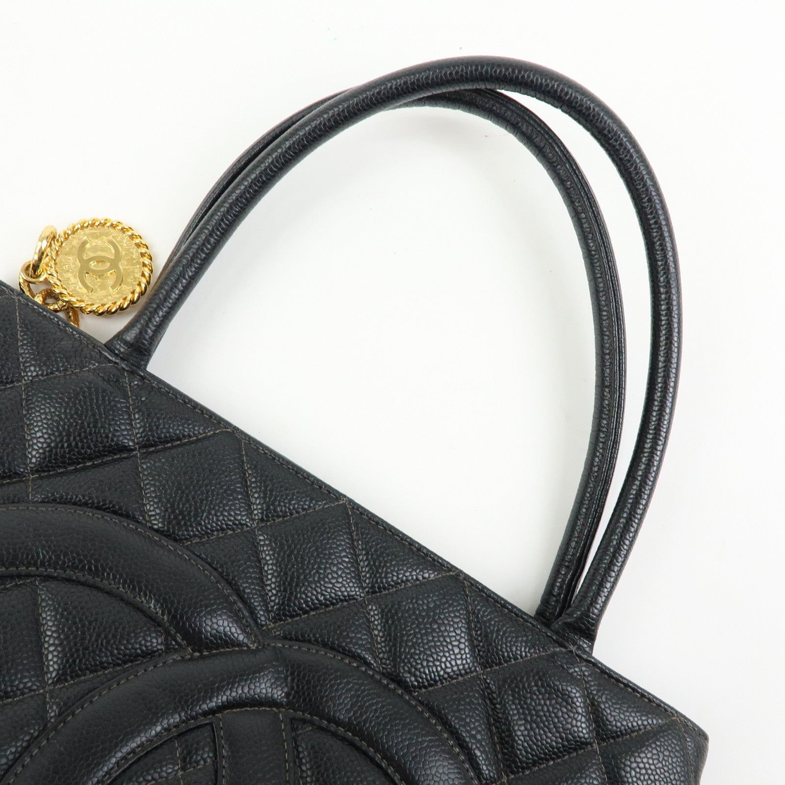 CHANEL Matelasse COCO Mark CaviarSkin Medallion Tote Bag Black A01804