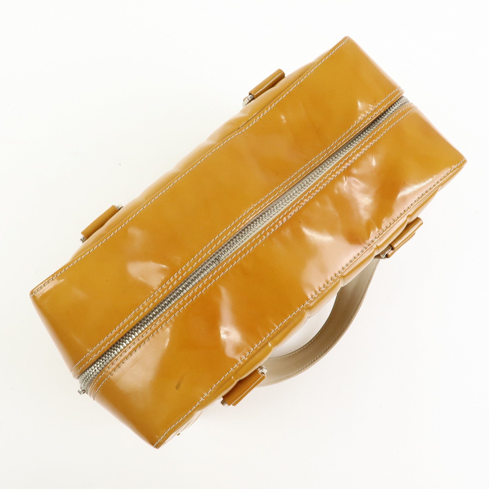 CHANEL Chocolate Bar COCO Mark Patent Leather Boston Bag Hand Bag Camel