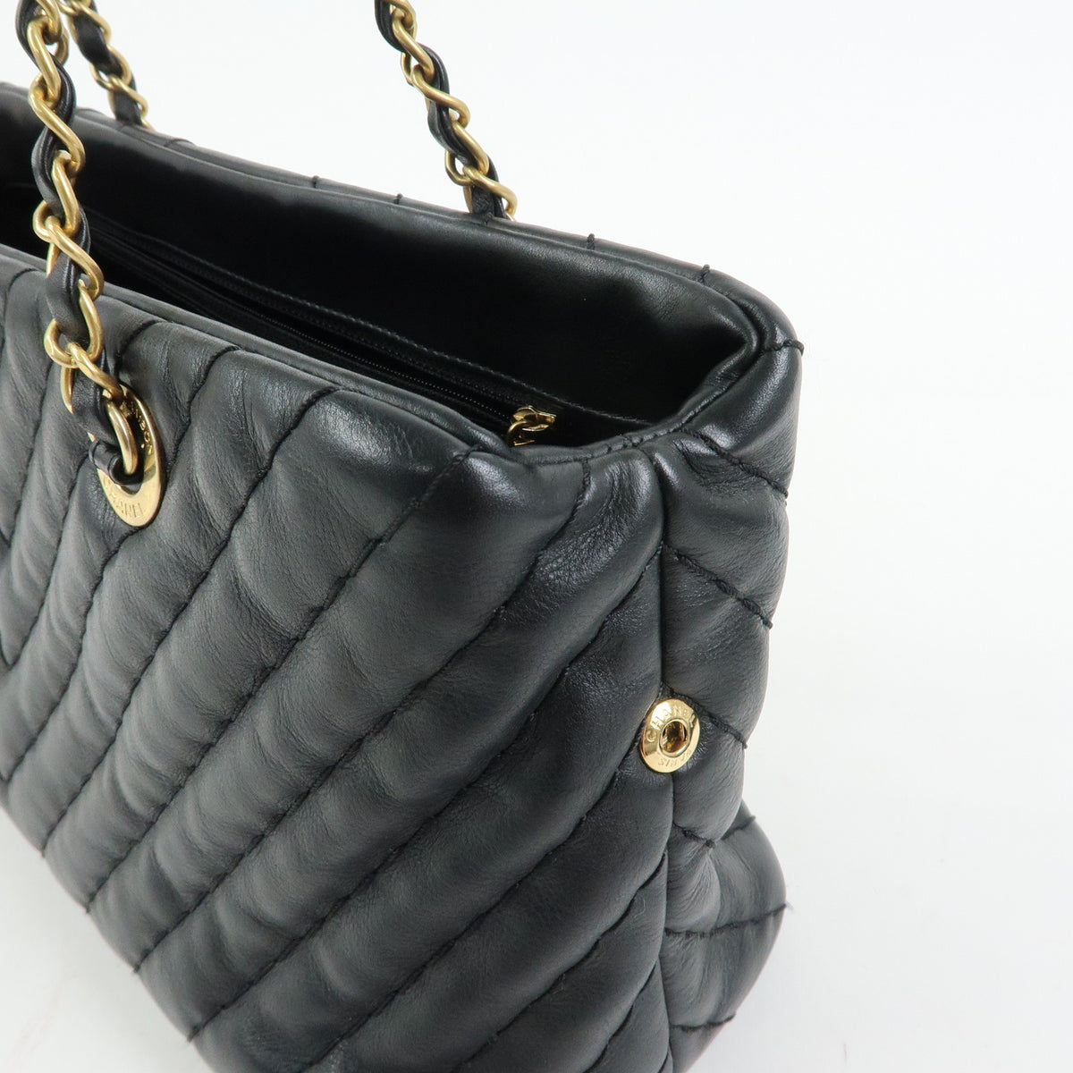 CHANEL Calf Skin V Stich Shevron Chain Shoulder Bag Tote Bag Black