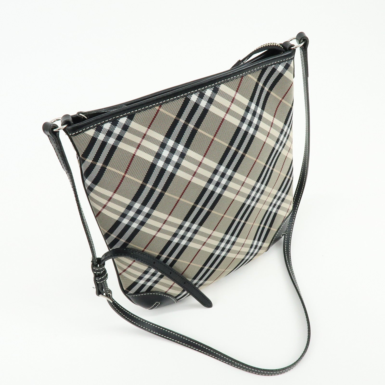 BURBERRY Blue Label Nova Plaid Canvas Leather Shoulder Bag Beige Black