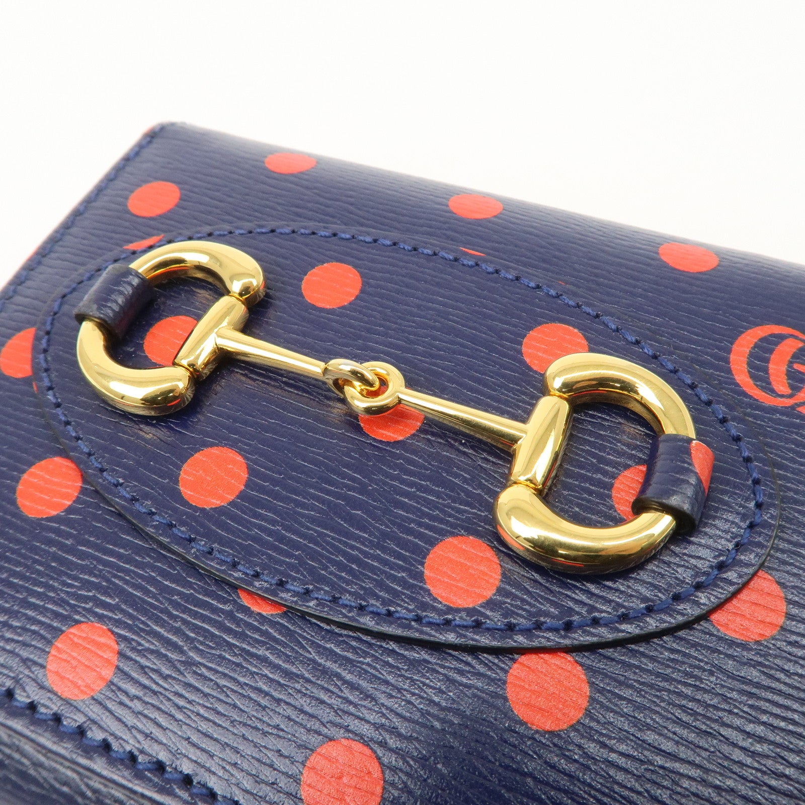 GUCCI Horsebit Dots Pattern Leather Bi-fold Wallet Navy Red 621891 Used