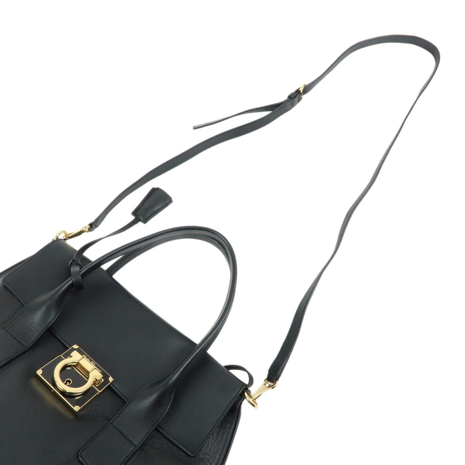 Ferragamo Gancini Leather 2Way Bag Hand Bag Shoulder Bag Black