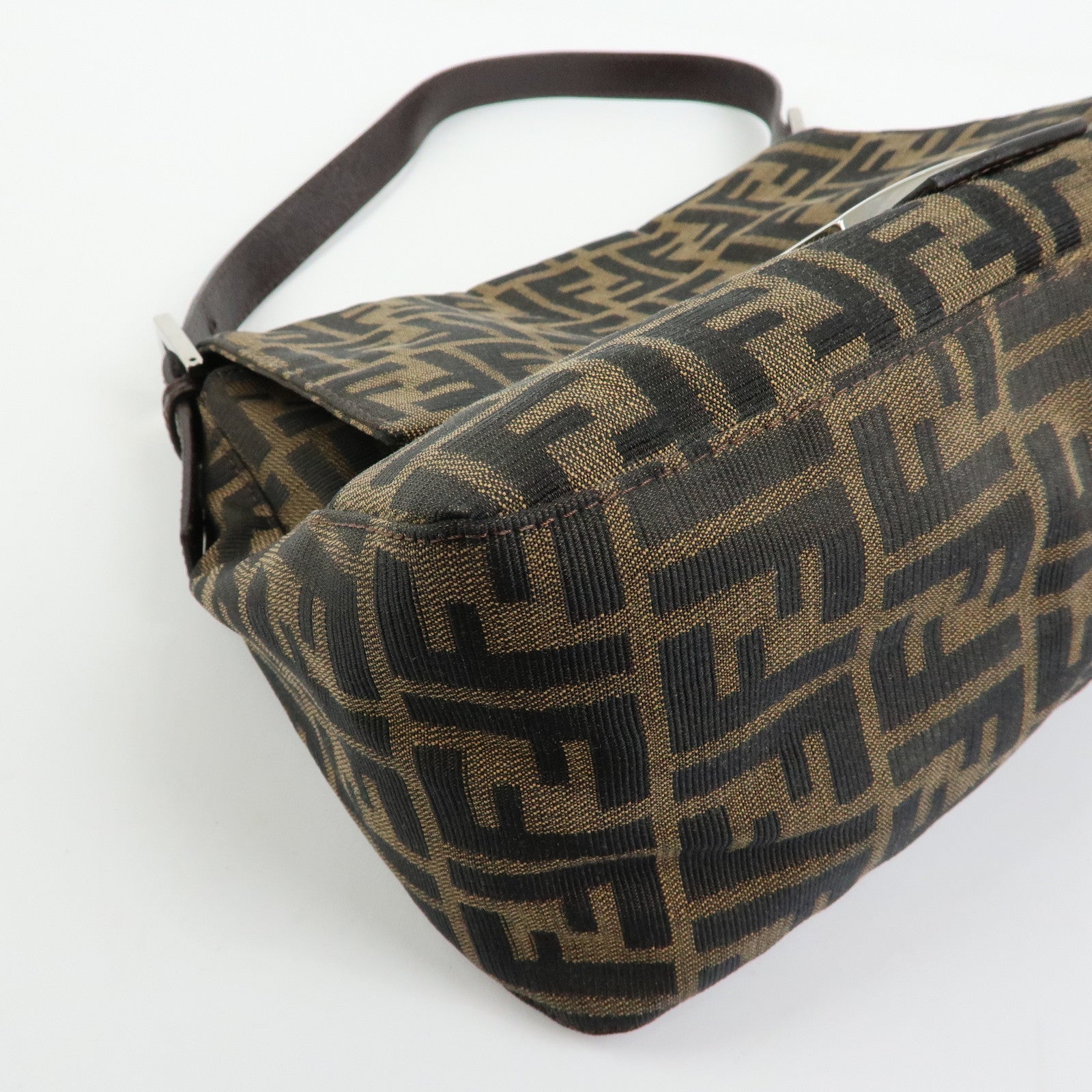 FENDI Mamma Baguette Zucca Canvas Leather Shoulder Bag Brown 26325