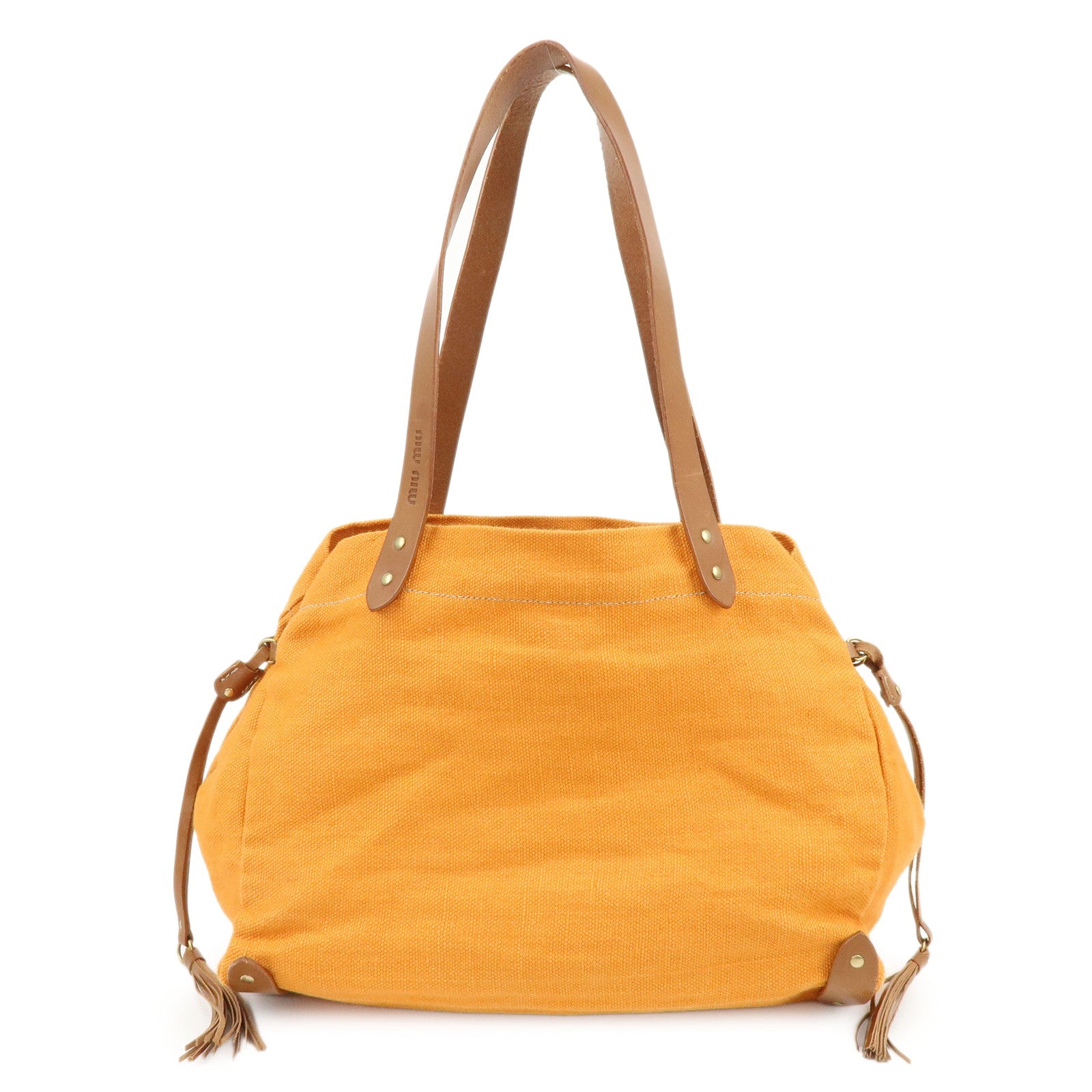 MIU MIU Canvas Leather Tote Bag Shoulder Bag Tassel Orange Brown