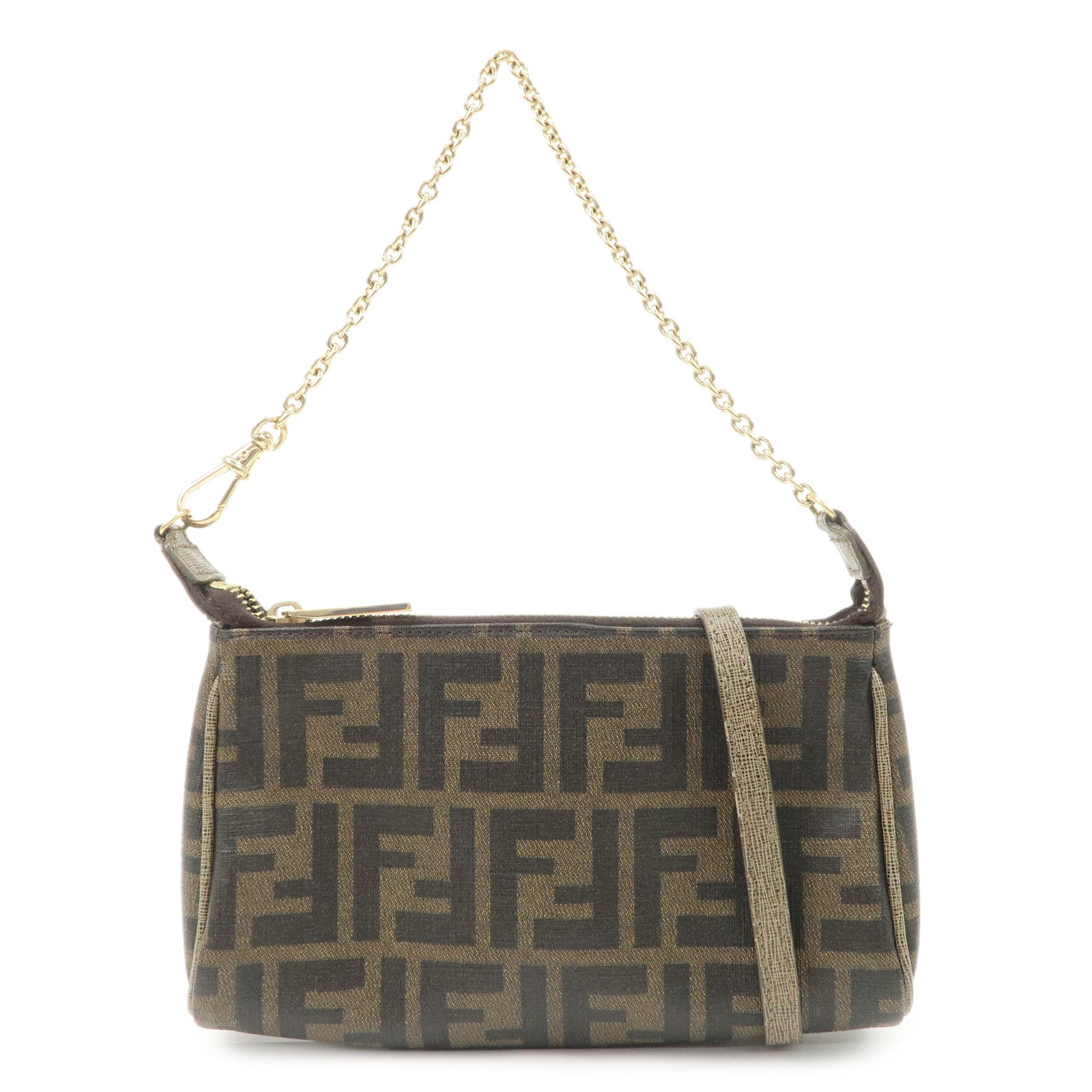 FENDI Zucca PVC Leather Chain Accessory Pouch Hand Bag Brown 8M0264 Used
