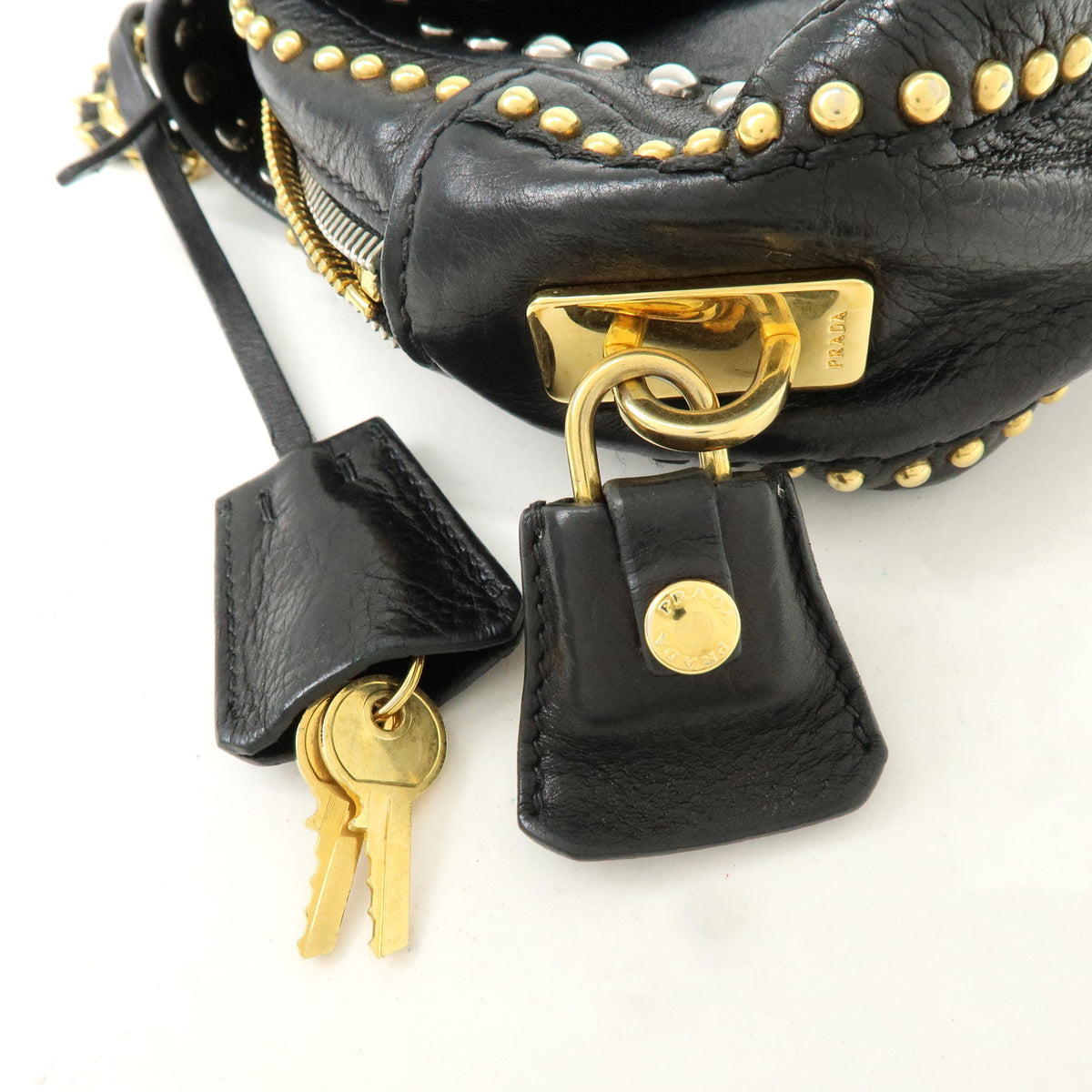PRADA Leather Chain Shoulder Bag Studded Black Gold Silver BR4588