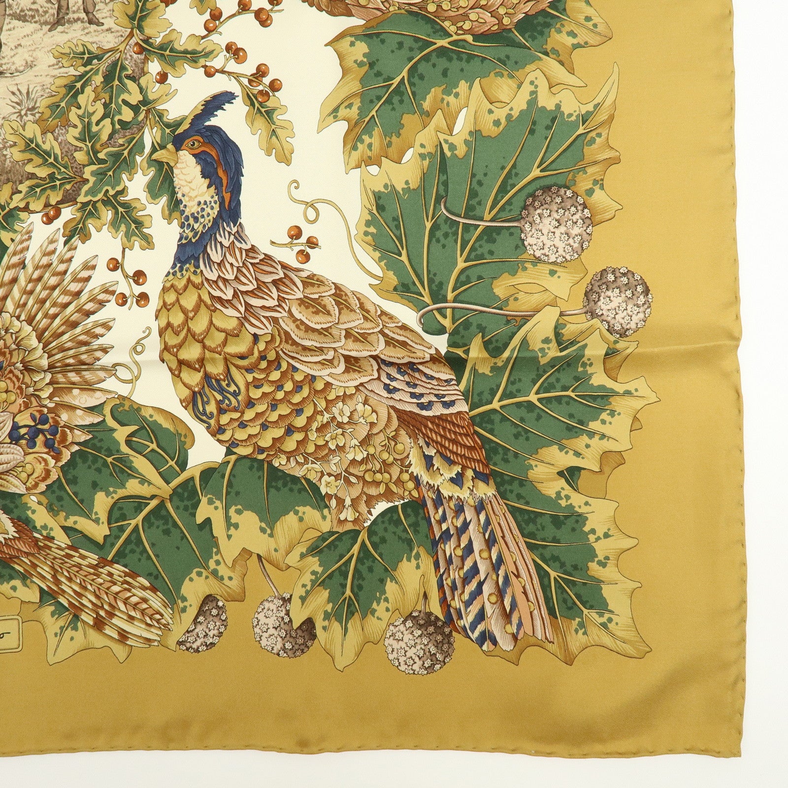 Ferragamo Silk 100% Scarf Bird Print Khaki Brown