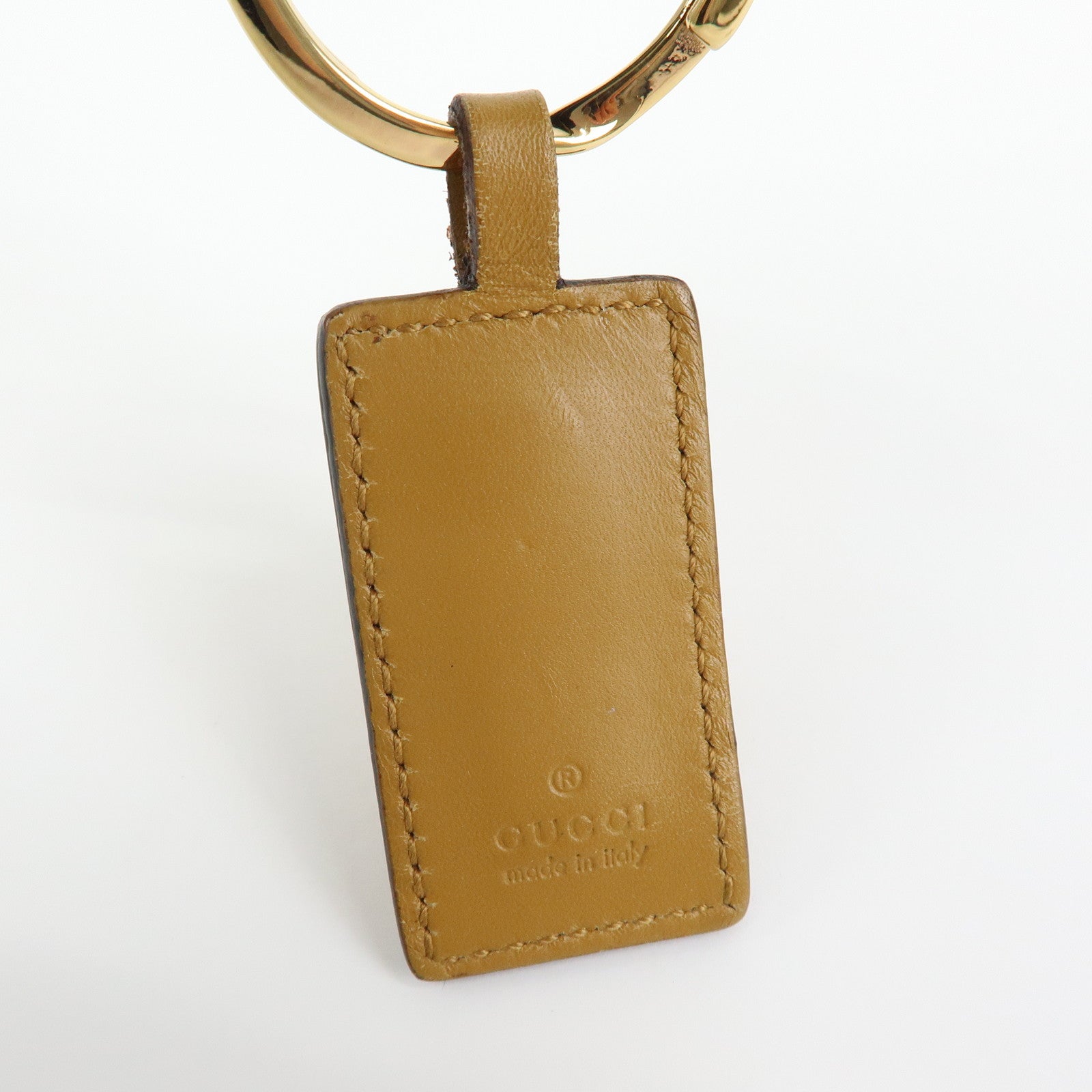 GUCCI Tiger Head Leather Metal Bag Charm Key Holder Brown Gold