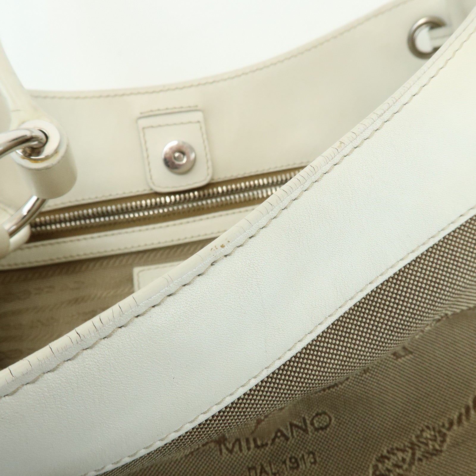 PRADA Triangle Logo Nylon Jacquard Leather Shoudler Bag Beige Ivory