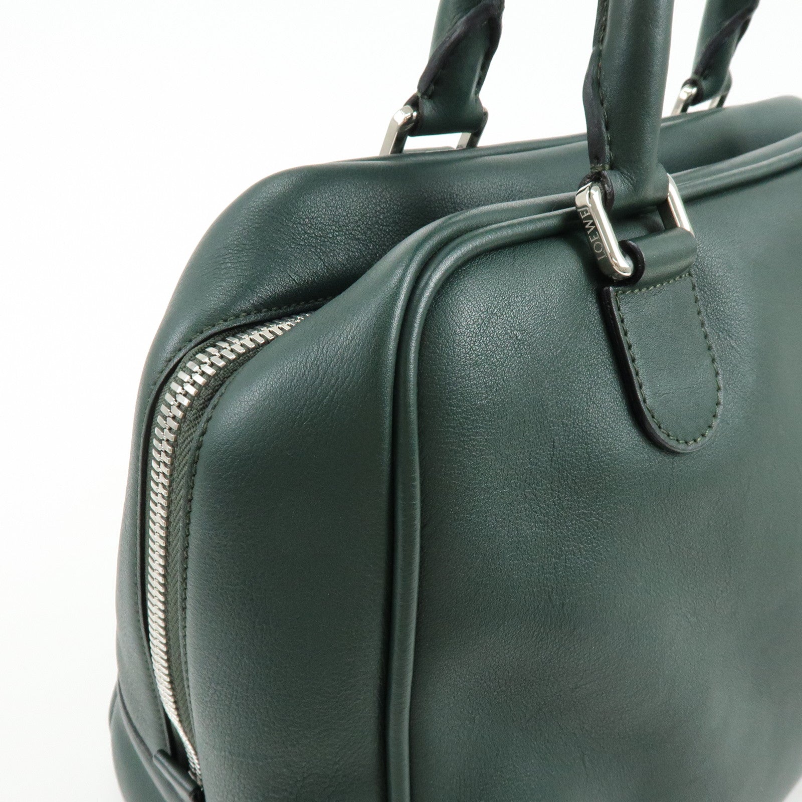 LOEWE Anagram Amazona Leather Boston Bag Hand Bag Dark Green