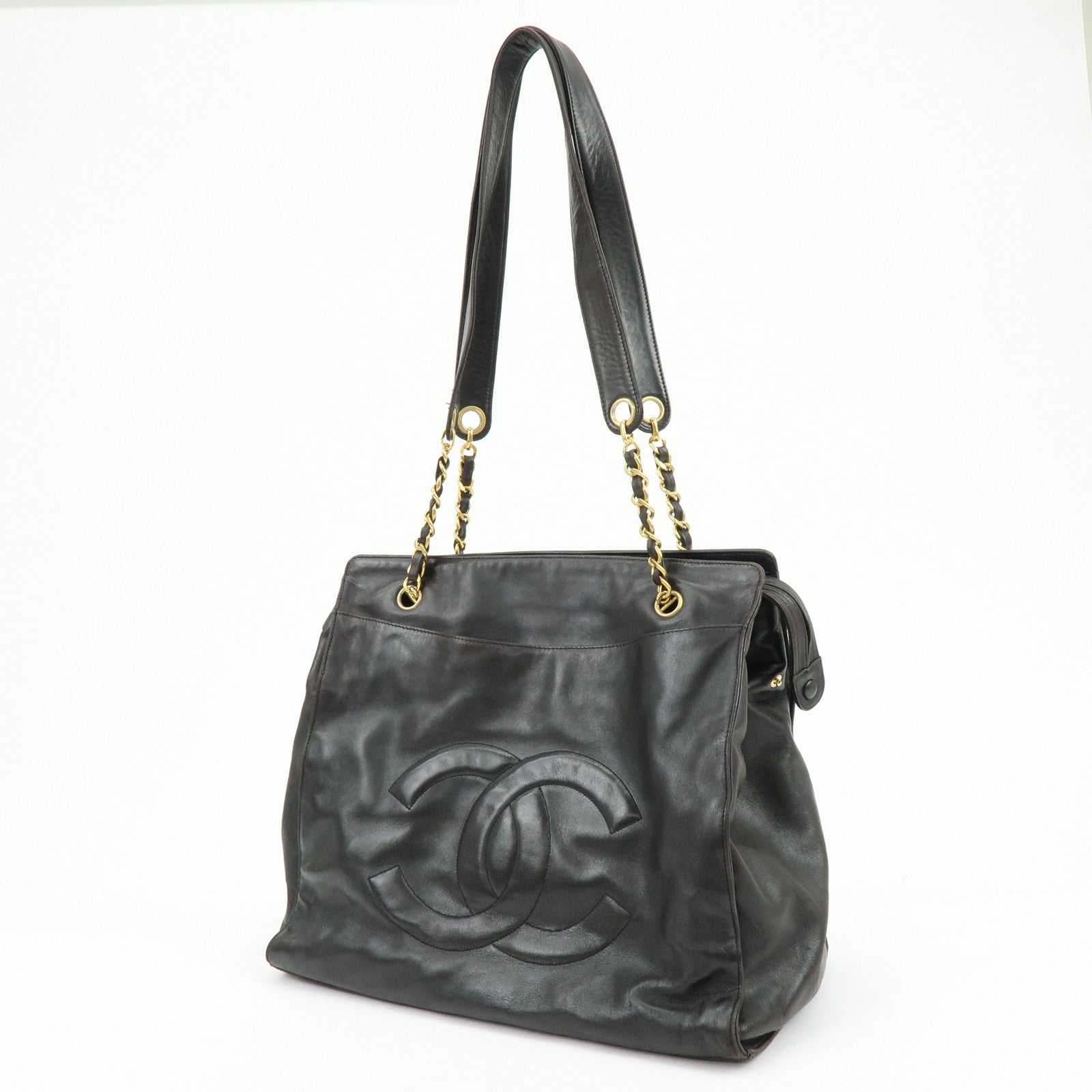 CHANEL COCO Mark Lamb Skin Chain Tote Bag Shoulder Bag Black
