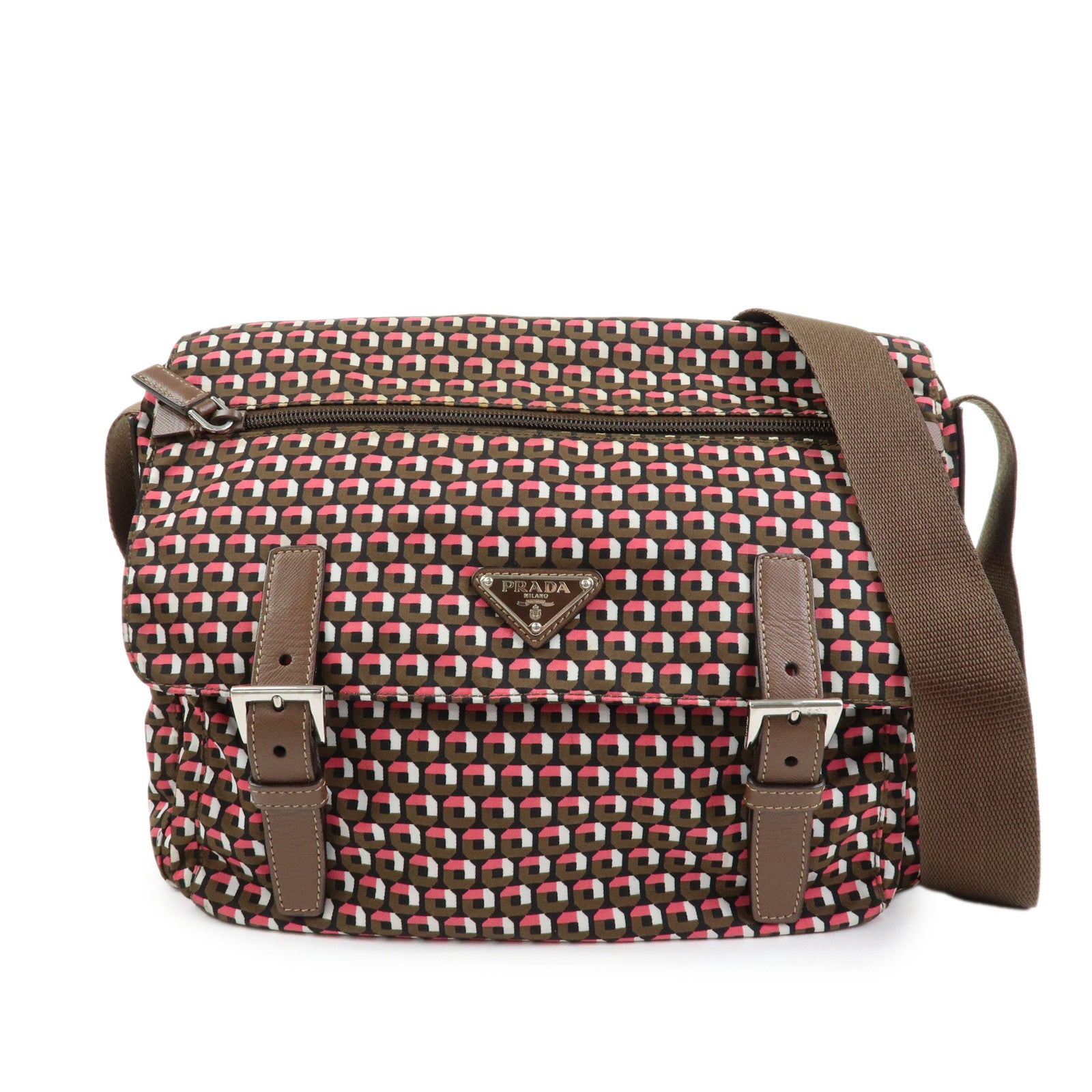PRADA Triangle Logo Nylon Leather Shoulder Crossbody Bag Brown Pink