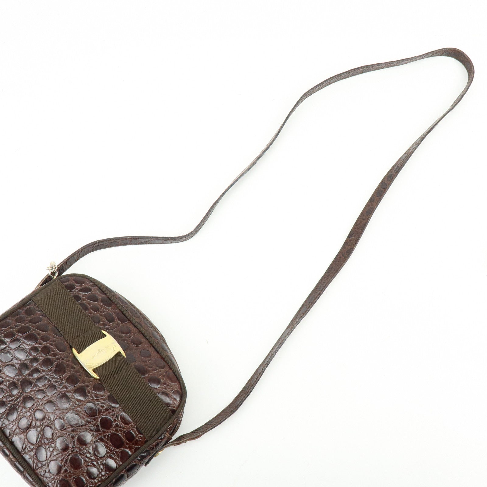 Ferragamo Vara Embossed Leather Shoulder Bag Crossbody Bag Brown