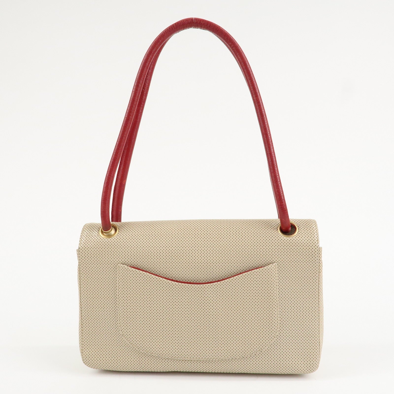 CHANEL COCO Mark Punching Leather Shoulder Bag Hand Bag Beige Red Used