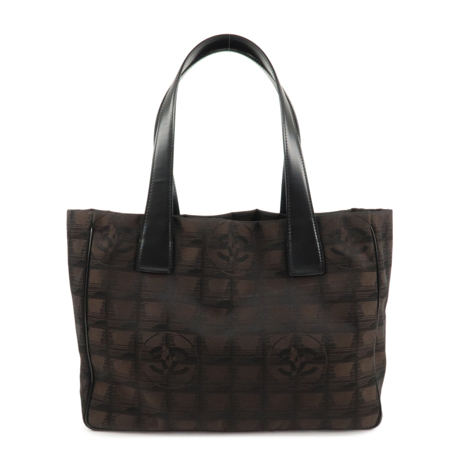 CHANEL New Travel Line Nylon Jacquard Leather Tote PM Dark Brown A20457 Used