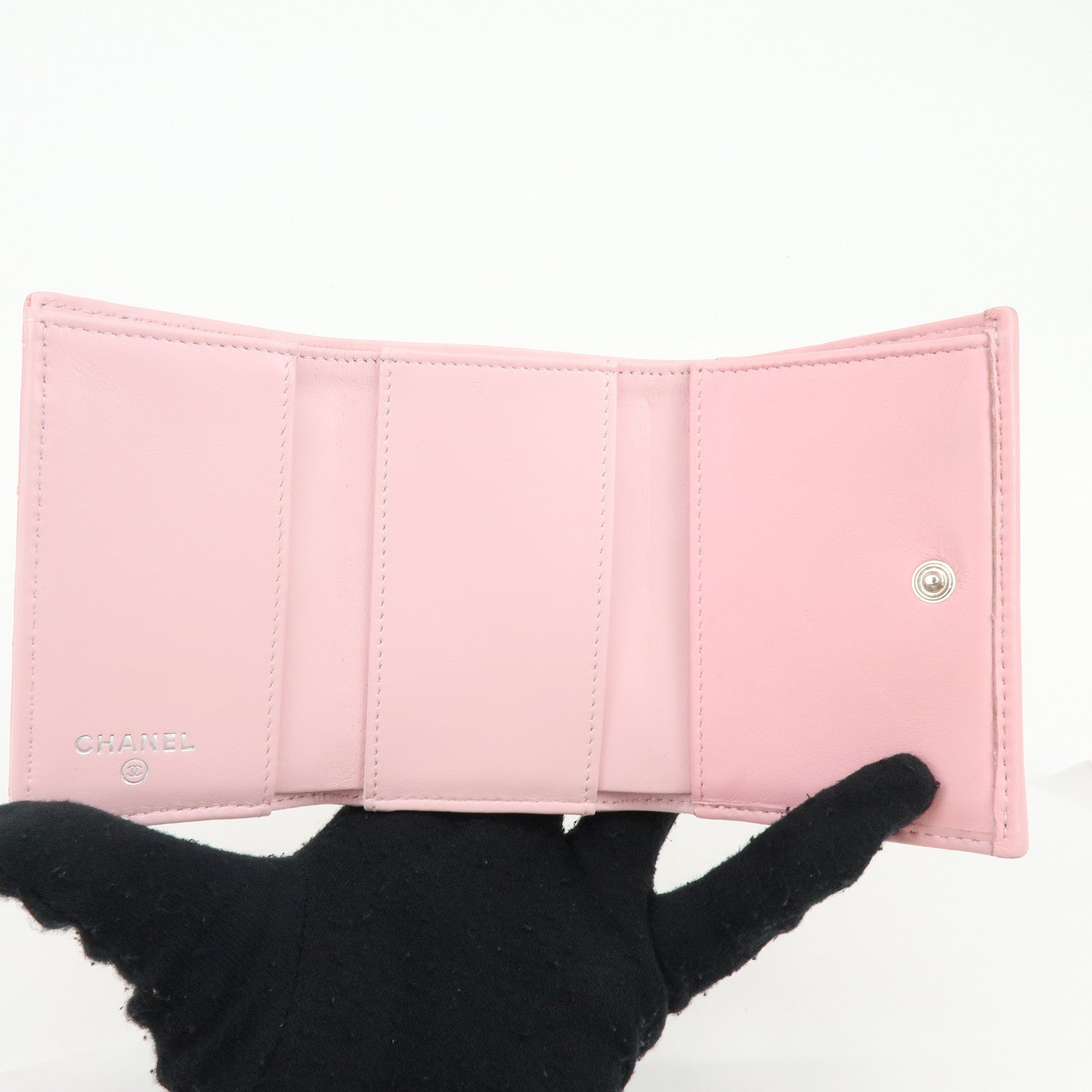 CHANEL COCO Mark Wild Stitch Calf Skin Tri-Fold Compact Wallet Pink