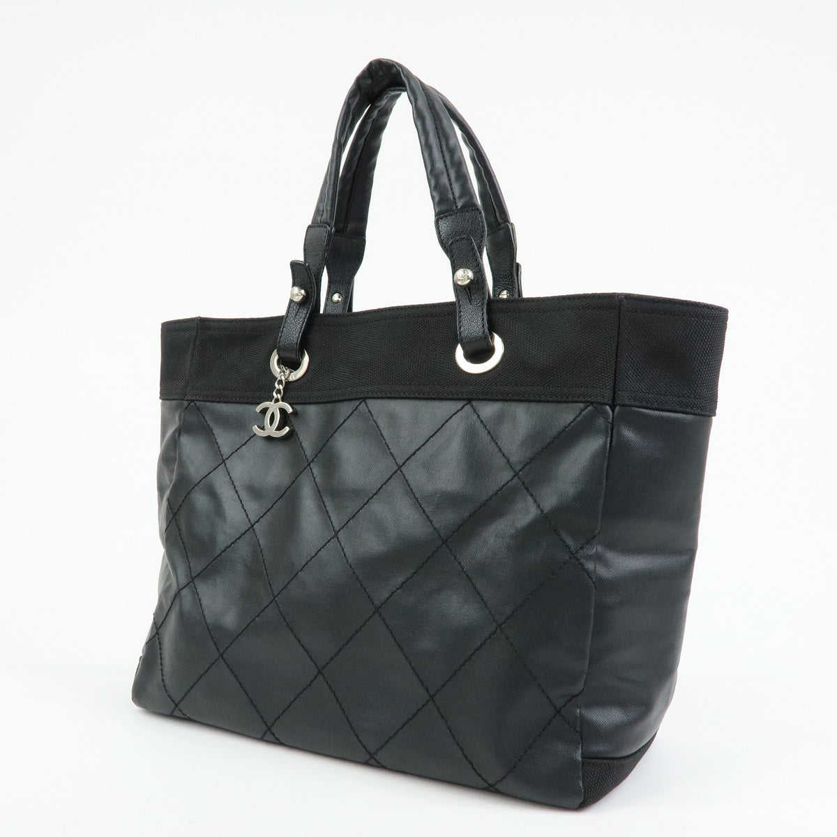 CHANEL Paris Biarritz MM PVC Leather Tote Bag Hand Bag Black A34209