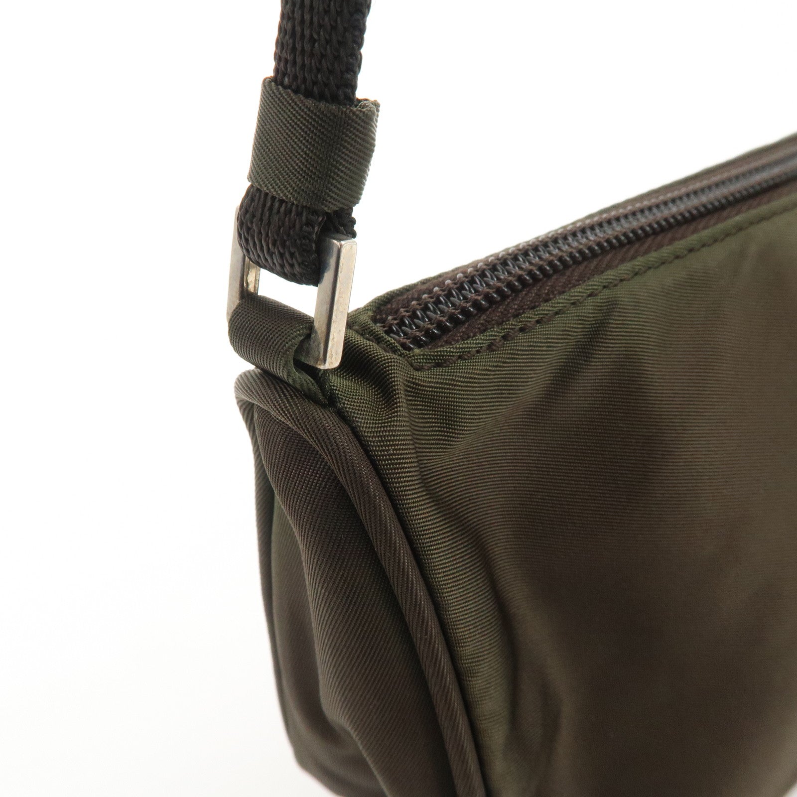 PRADA Triangle Logo Nylon Leather Accessory Pouch Hand Bag Khaki Silver HDW Used