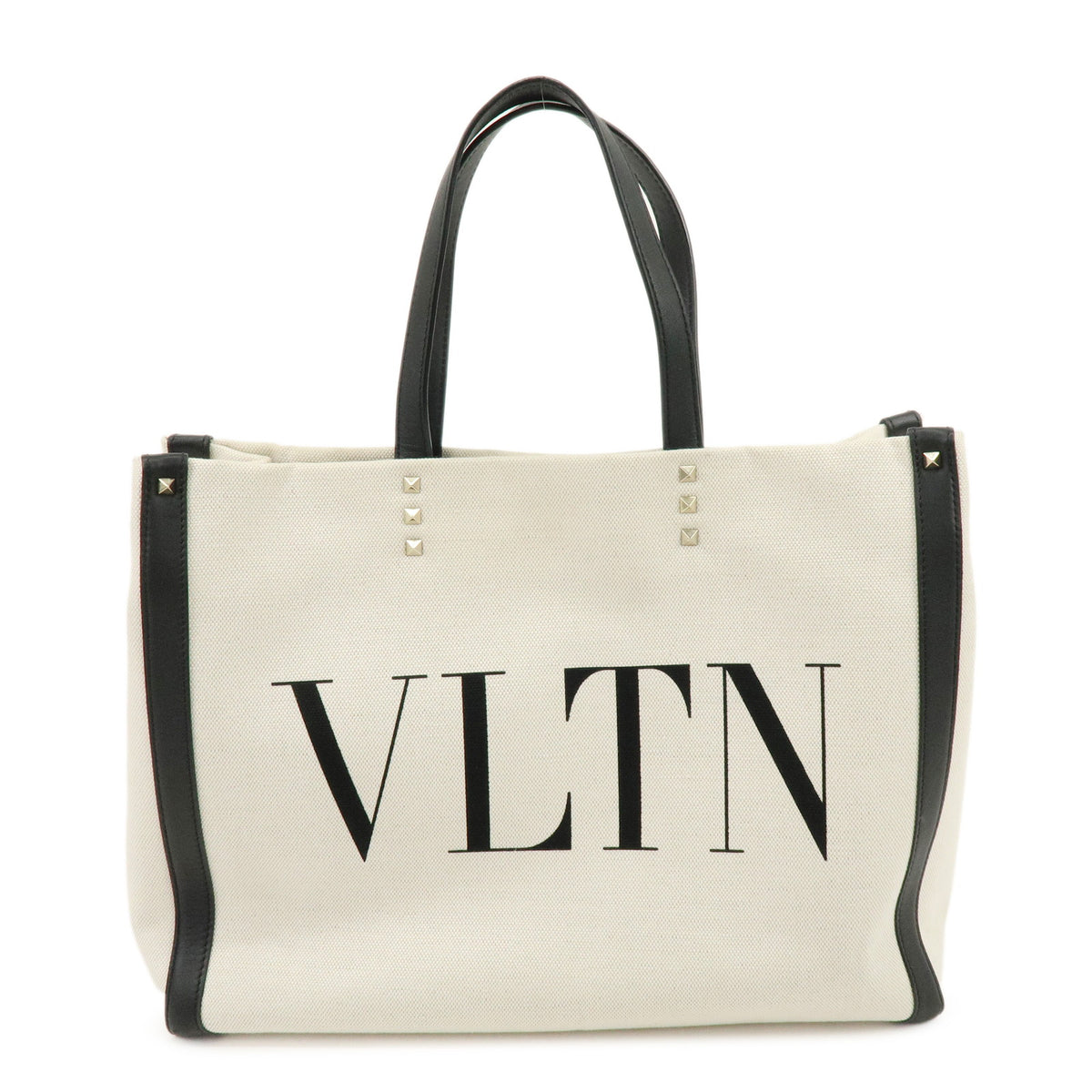VALENTINO VLTN Rockstud Canvas Leather Tote Bag Hand Bag White Black