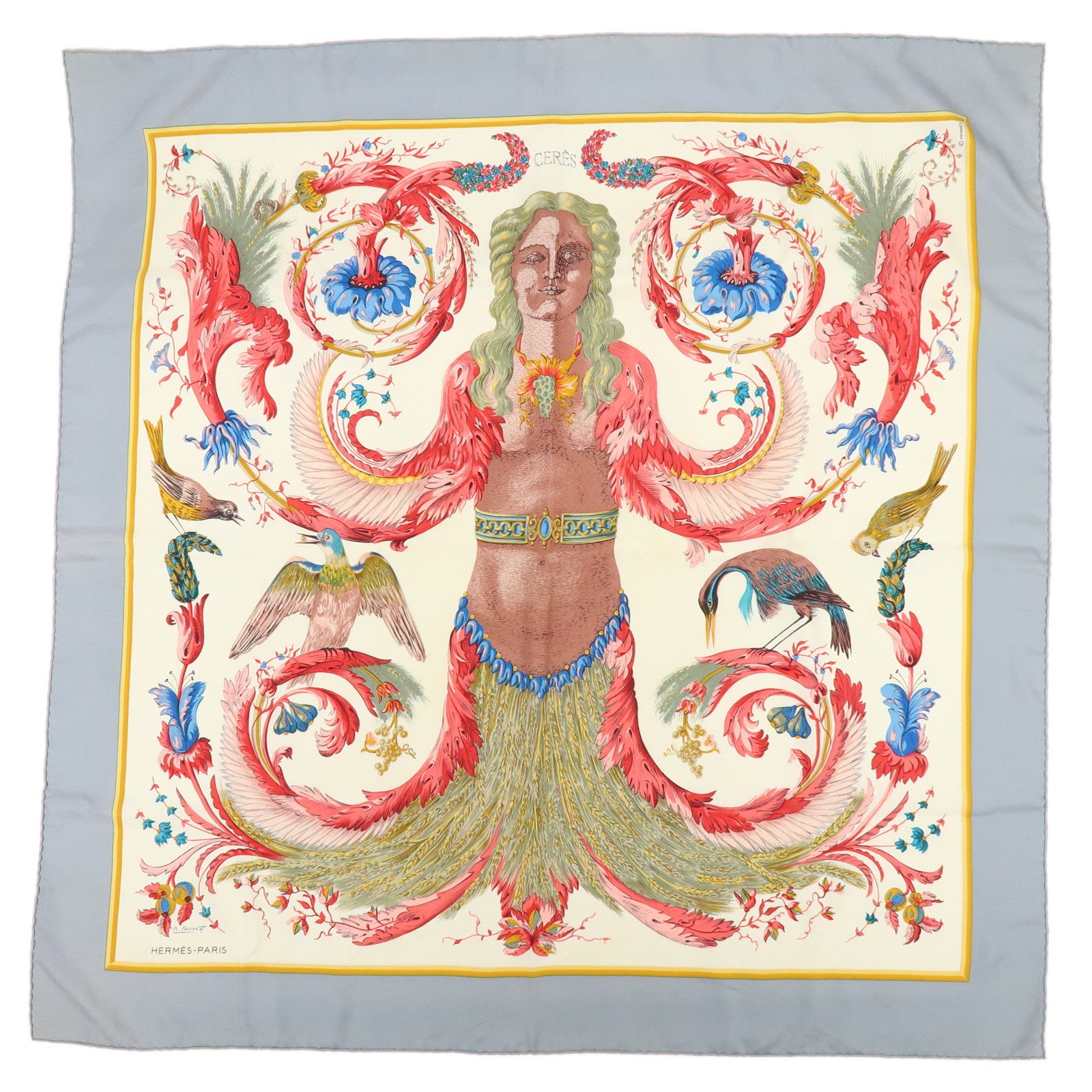 HERMES Carre 90 Silk 100% Scarf CERES Gray Red