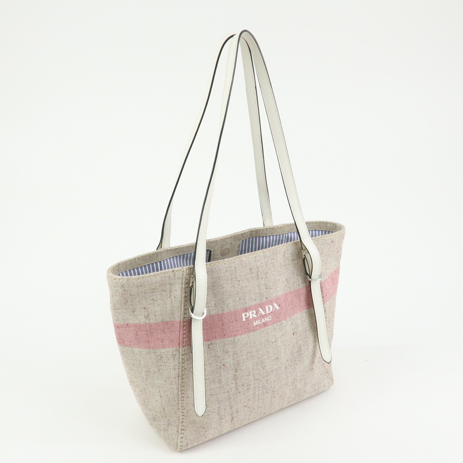 PRADA Logo Canvas Leather Tote Bag Shoulder Bag Natural Pink