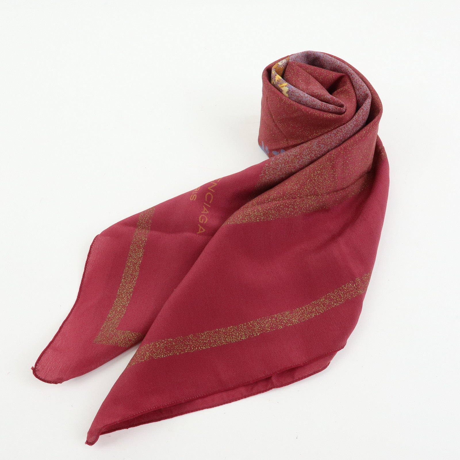 BALENCIAGA Silk 100% Scarf Floral Design Wine Red Yellow Blue