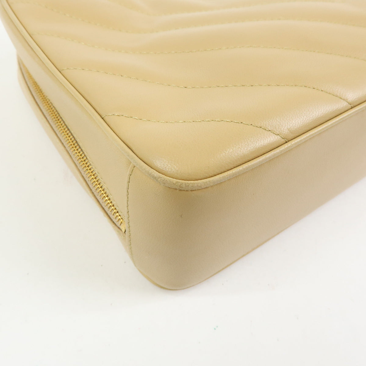 CHANEL Chevron COCO Mark Lamb Skin Chain Shoulder Bag Beige