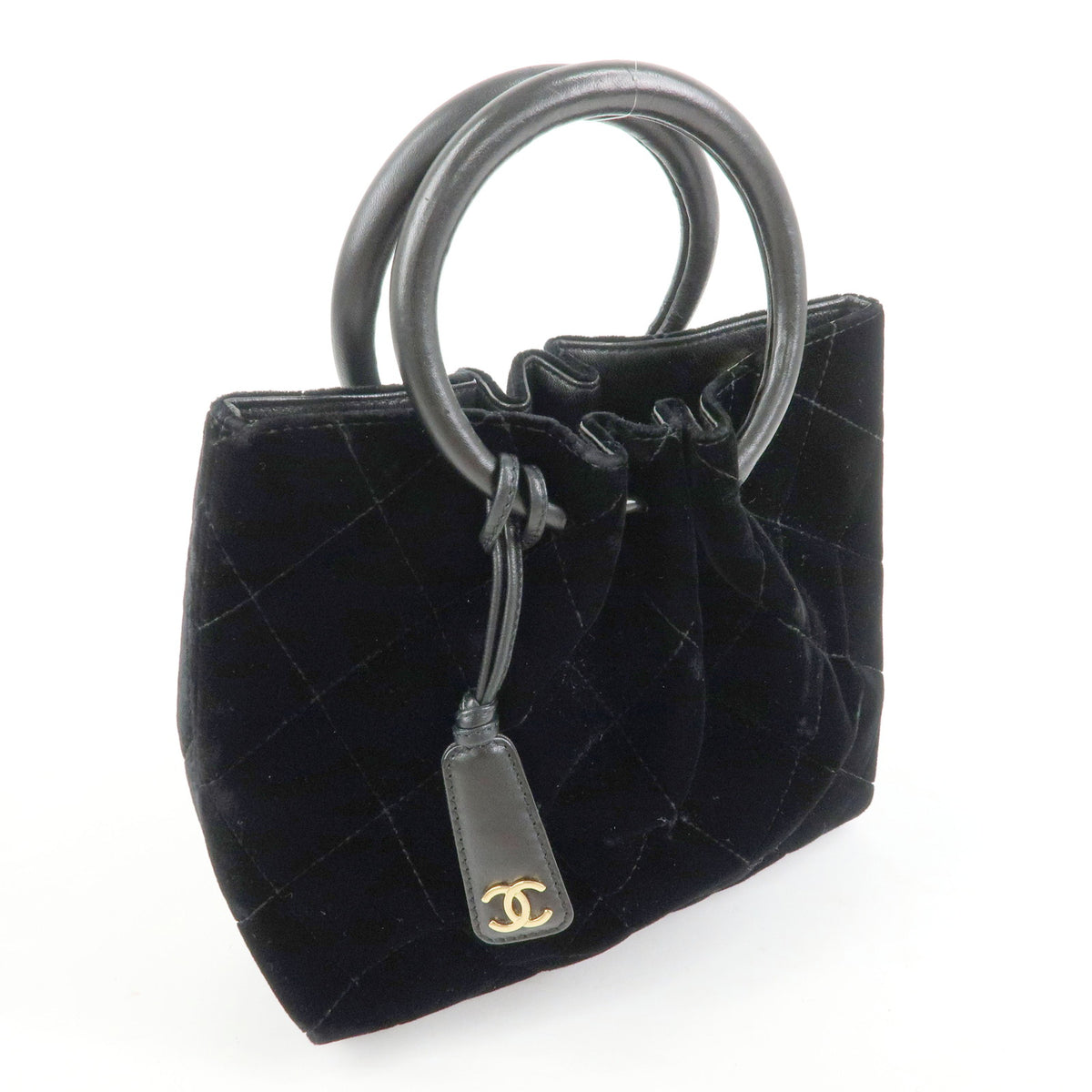 CHANEL Matelasse Velour Leather Ring Handle Hand Bag Black