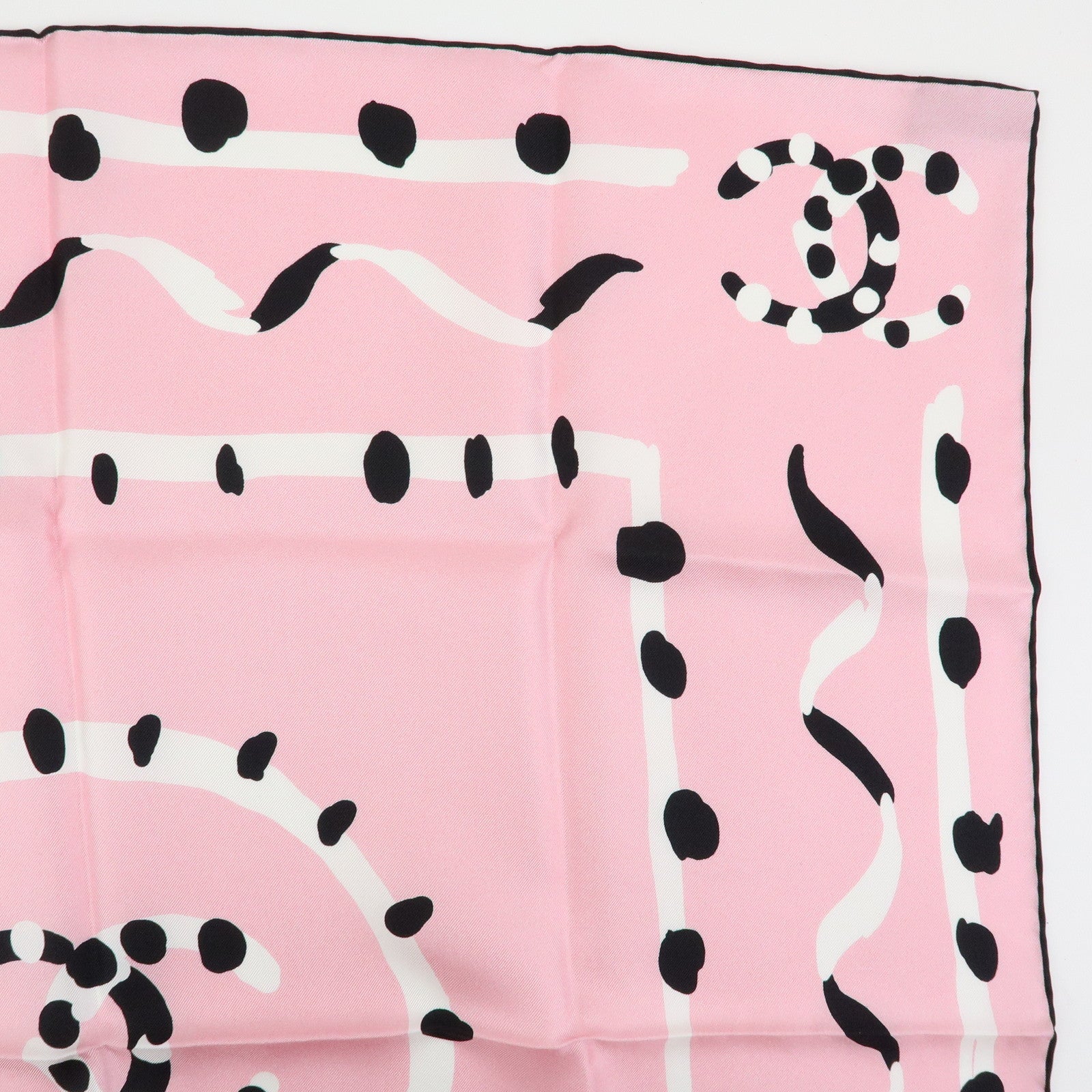 CHANEL COCO Mark Silk 100% Scarf Pink Black White