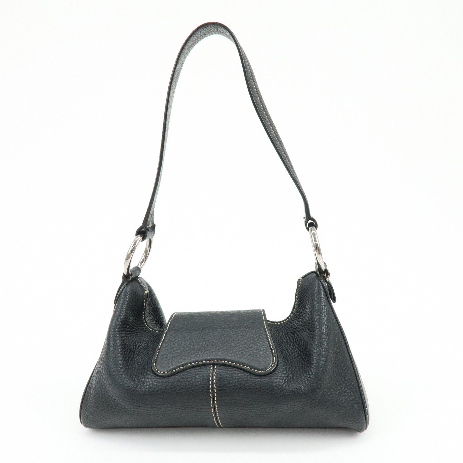 TOD'S Leather Stitched Buckle Hand Bag Shoulder Bag Black