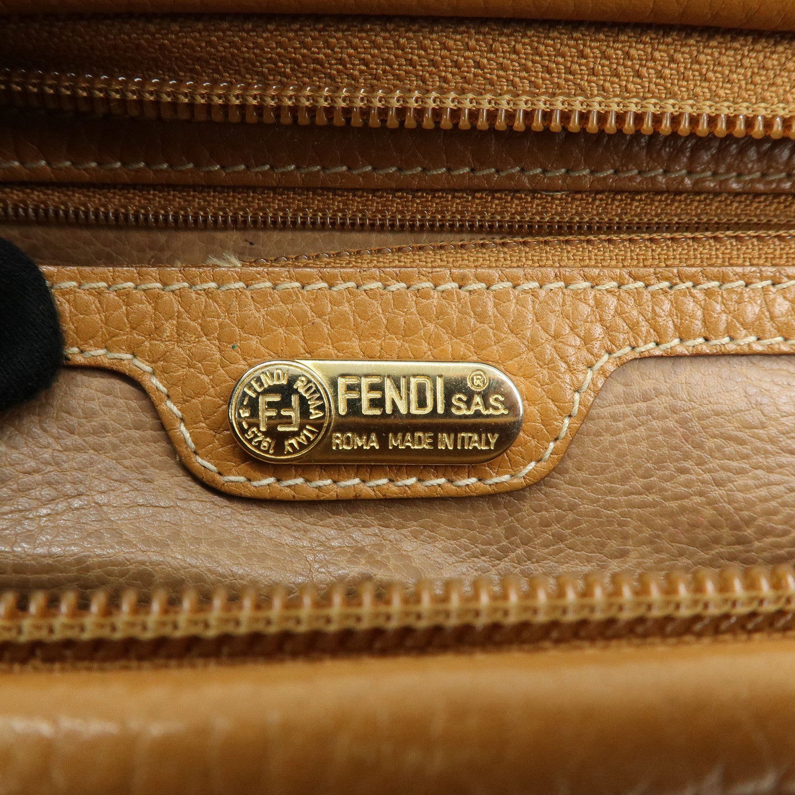 FENDI FF Logo Leather 2Way Bag Hand Bag Boston Bag Camel