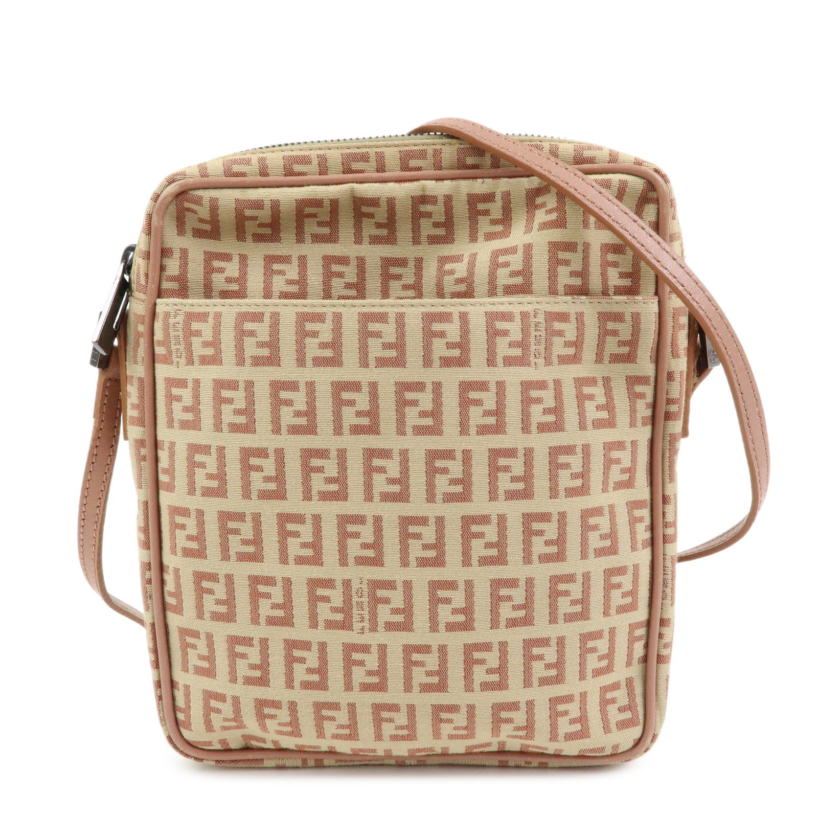 FENDI Zucchino Canvas Leather Shoulder Crossbody Bag Beige Pink 8BT053