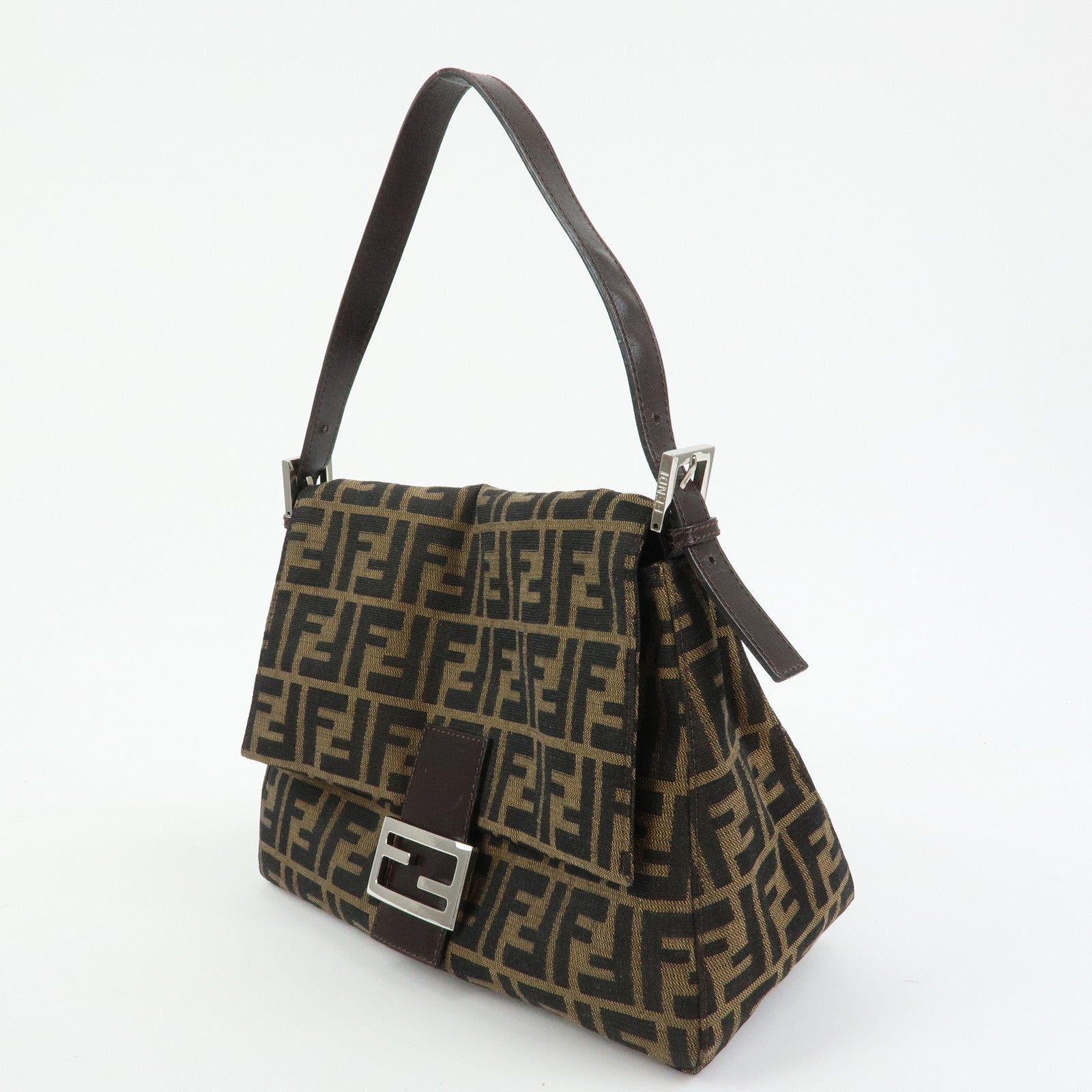 FENDI Mamma Baguette Zucca Canvas Leather Shoulder Bag Brown 26325