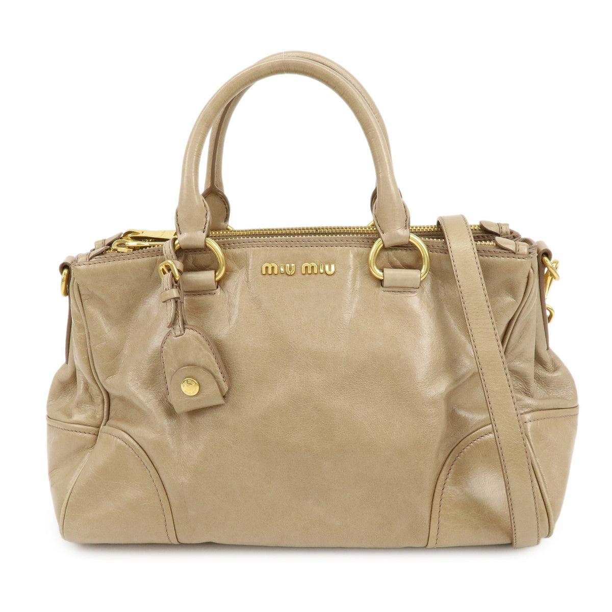 MIU MIU Leather 2Way Bag Hand Bag Shoulder Bag Key Ring Beige RN1127