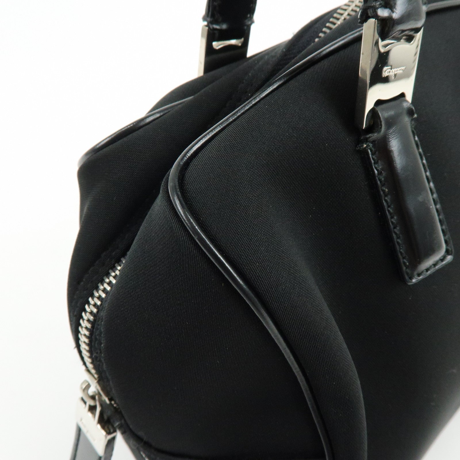 Ferragamo Nylon Leather Hand Bag Mini Boston Bag Black