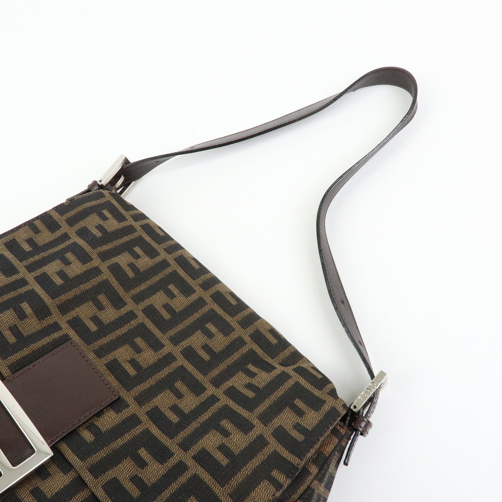FENDI Mamma Baguette Zucca Canvas Leather Shoulder Bag Brown 26325