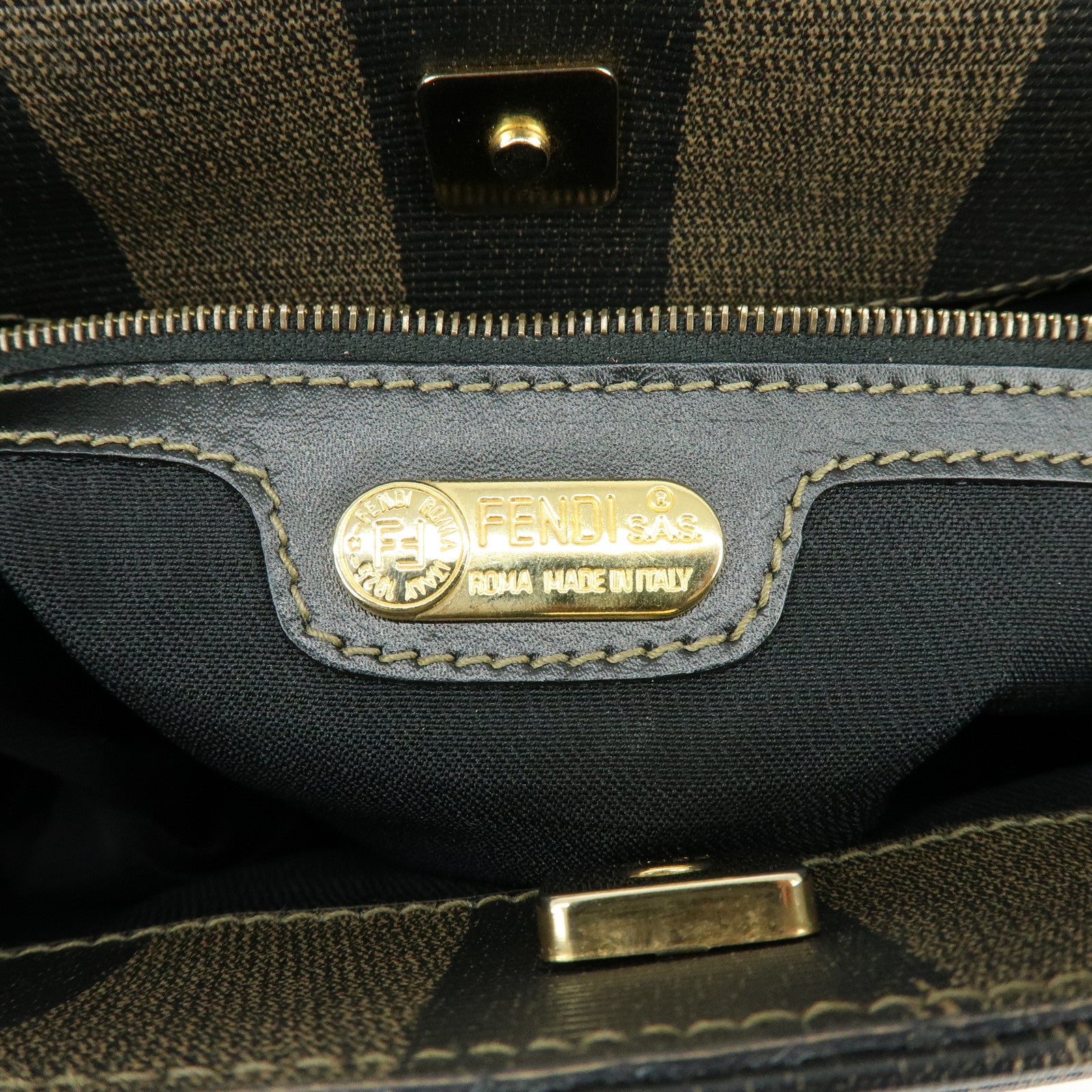 FENDI Pequin PVC Leather Big Logo Tote Shoulder Bag Brown 259980