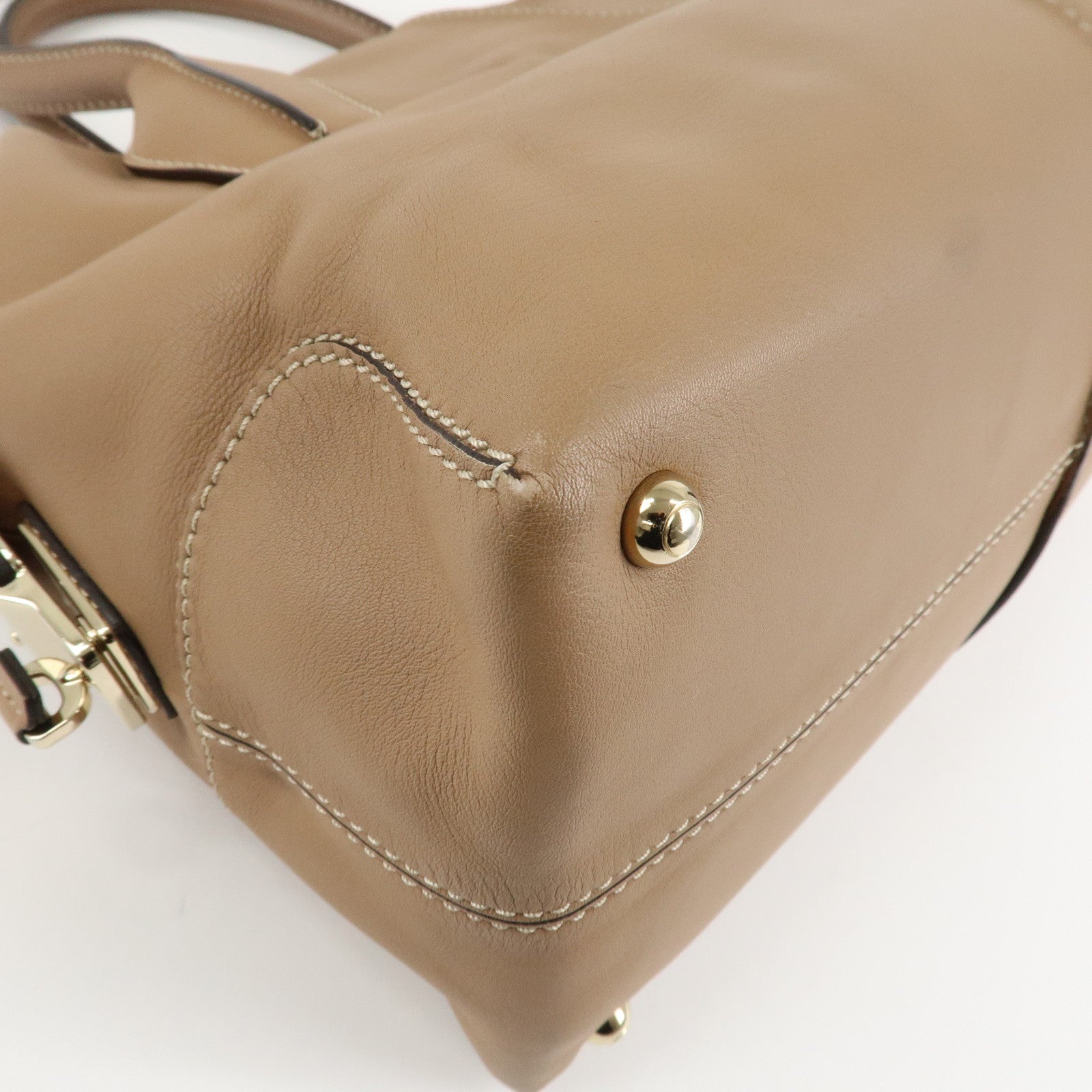 TOD'S Leather Shoulder Bag Boston Bag Hand Bag Beige Used