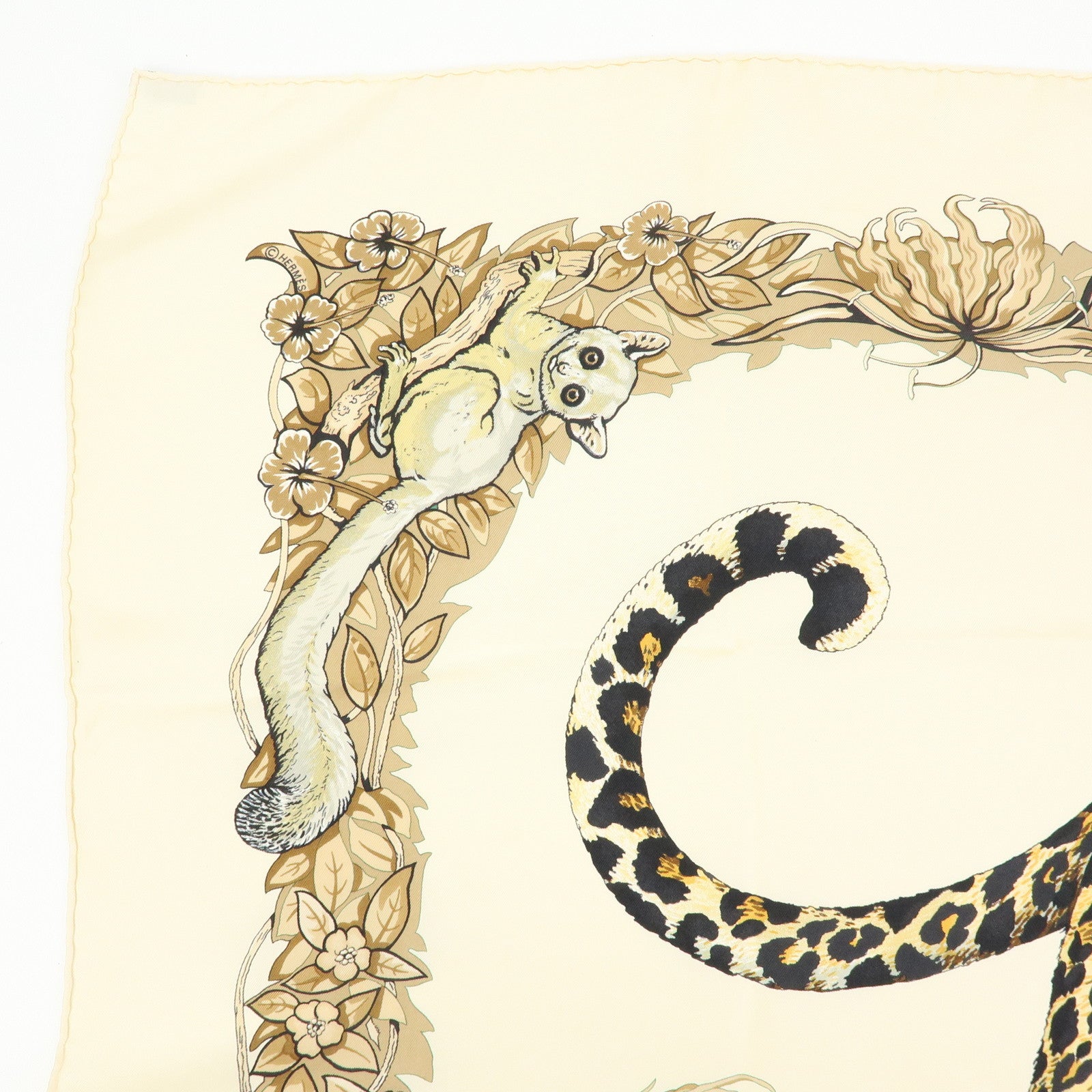 HERMES Carre 90 Silk 100% Scarf JUNGLE LOVE Light Brown Beige