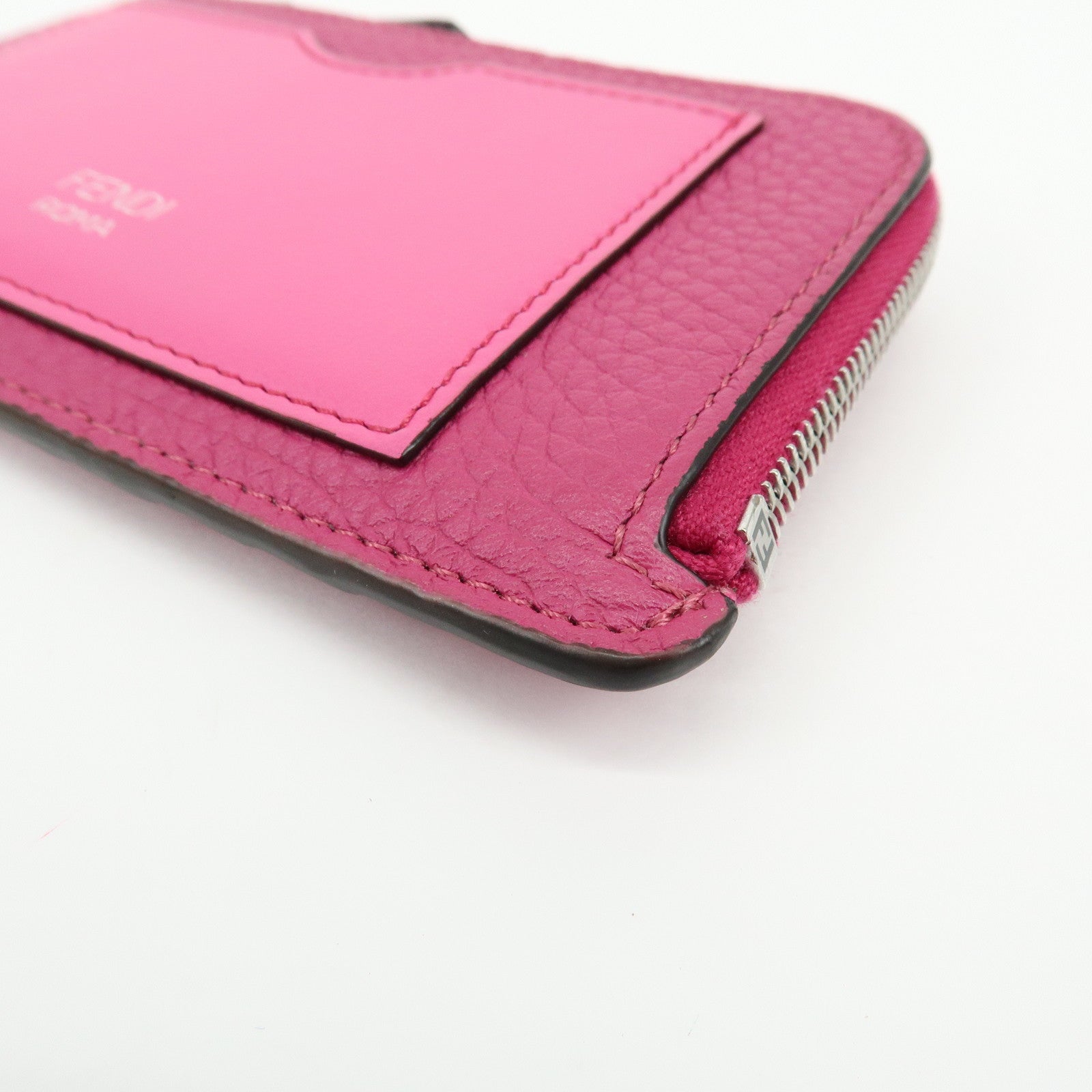 FENDI Logo Selleria Calf Leather Card Case Pink 8M0489