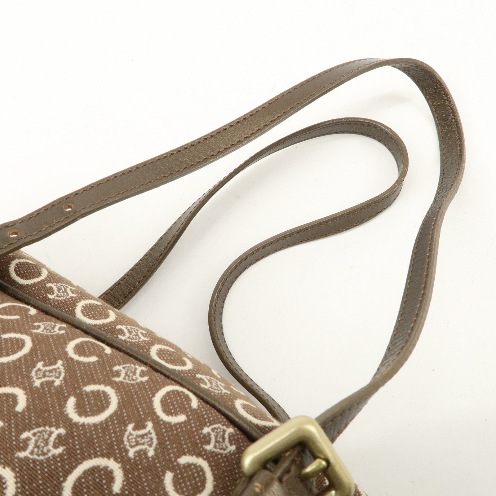 CELINE C Macadam Canvas Leather Boston Bag Hand Bag Brown White Used