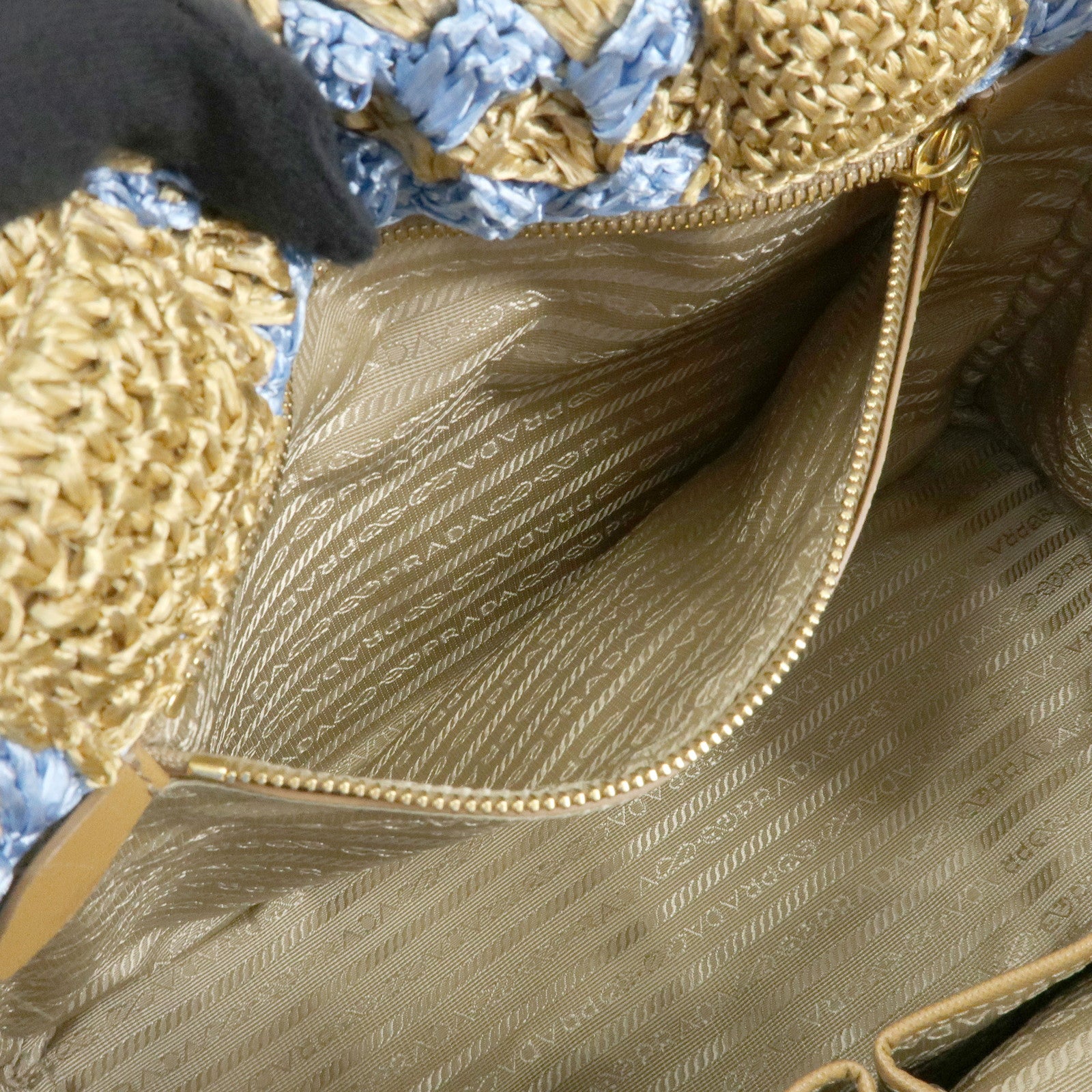 PRADA Triangle Logo Canapa Raffia Tote Bag Hand Bag Beige Blue