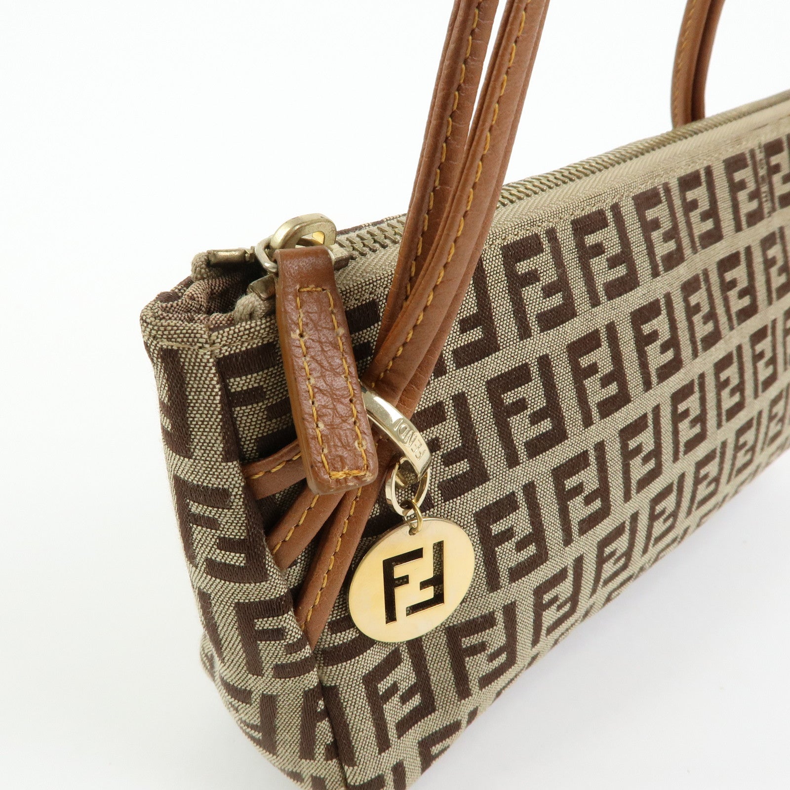 FENDI Zucchino Canvas Leather Hand Bag Accessory Pouch Beige 8BR513