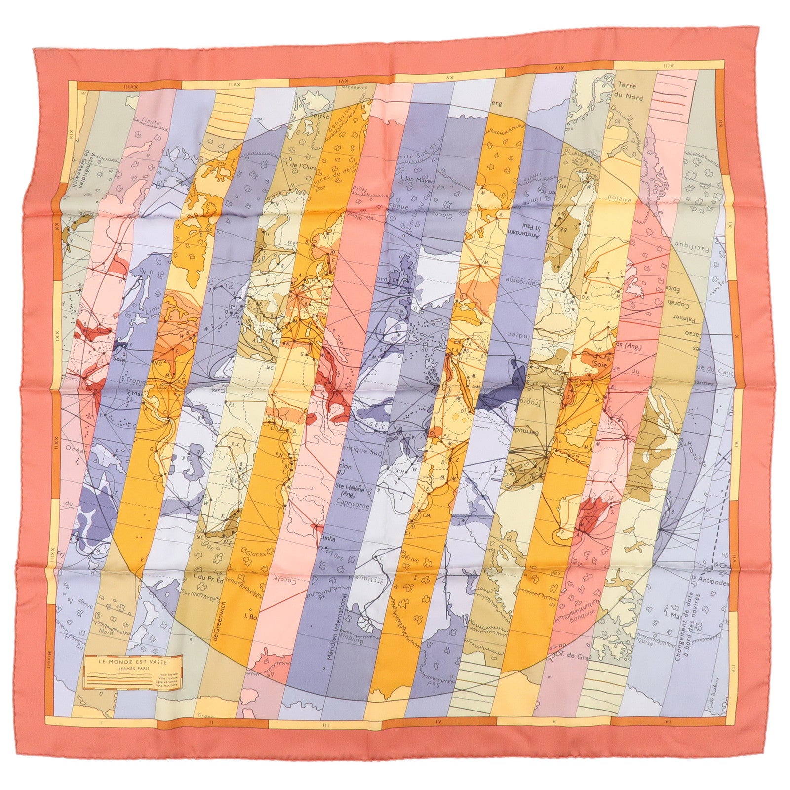 HERMES Carre 90 Silk 100% Scarf LE MONDE EST VASTE Coral Orange