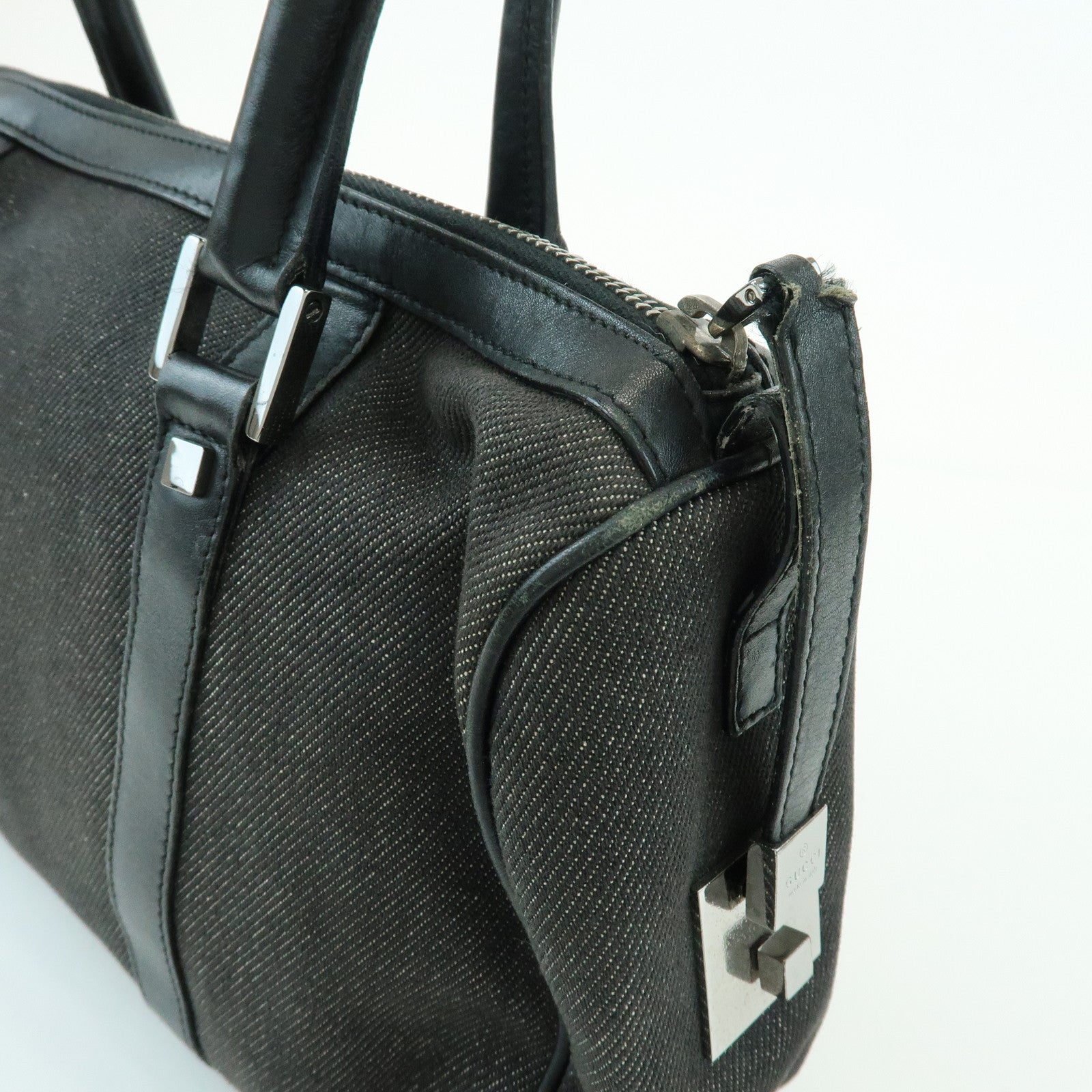 GUCCI Canvas Leather Boston Bag Hand Bag Black Dark Grey 30458