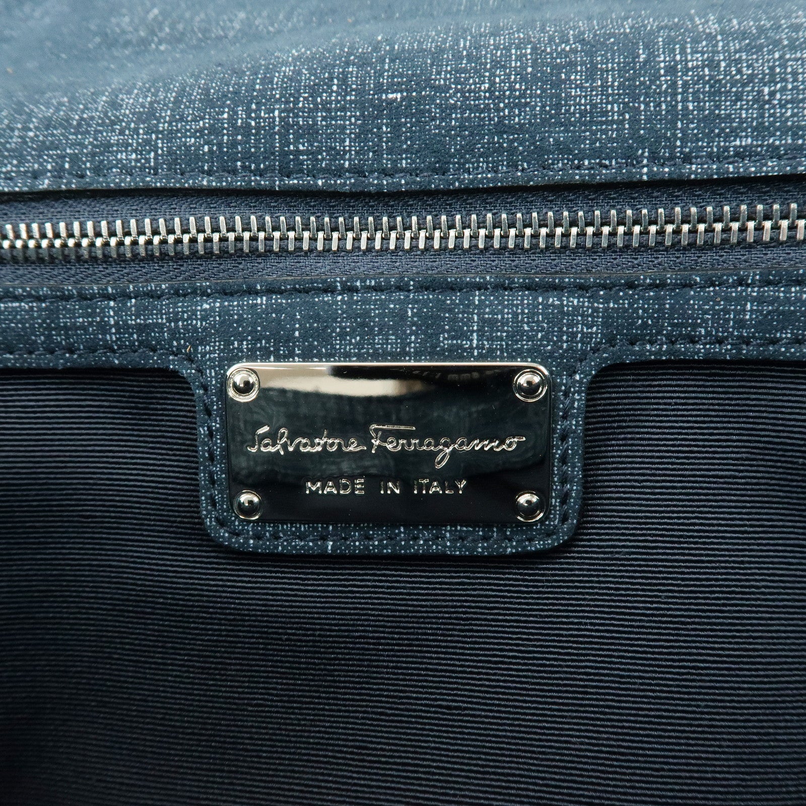 Ferragamo Vara Ribbon Denim Leather Chain Shoulder Bag Navy